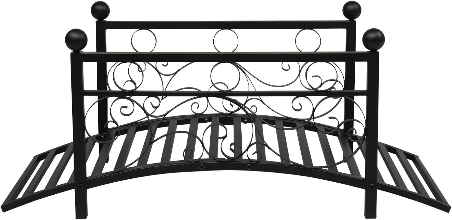 Outdoor Metal Arch Garden Bridge w/Safety Siderails, Decorative Iron Footbridge