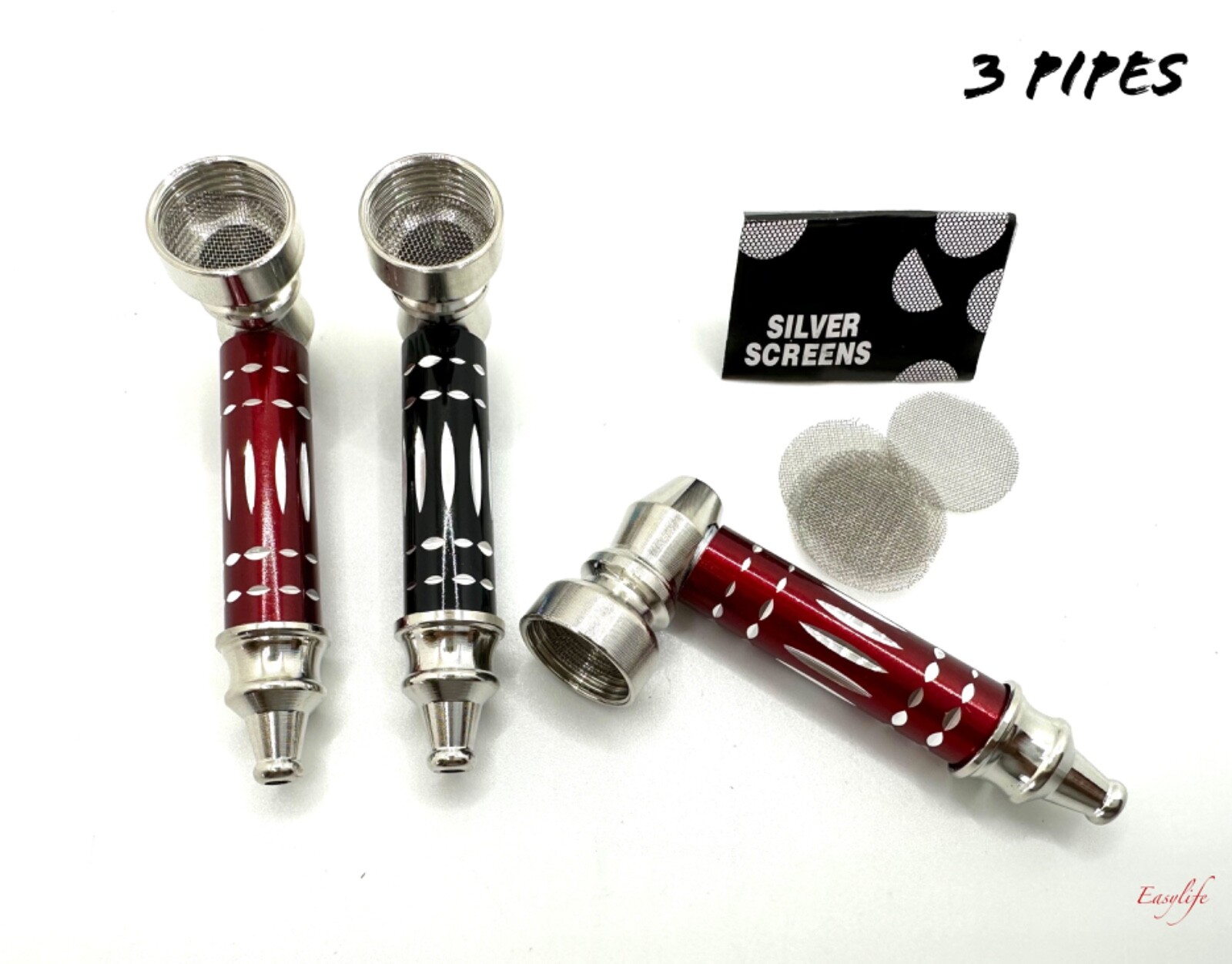 3X Metal Smoking Pipes , Black And Red + Tobacco Screens For Bowl SAME DAY SHIP