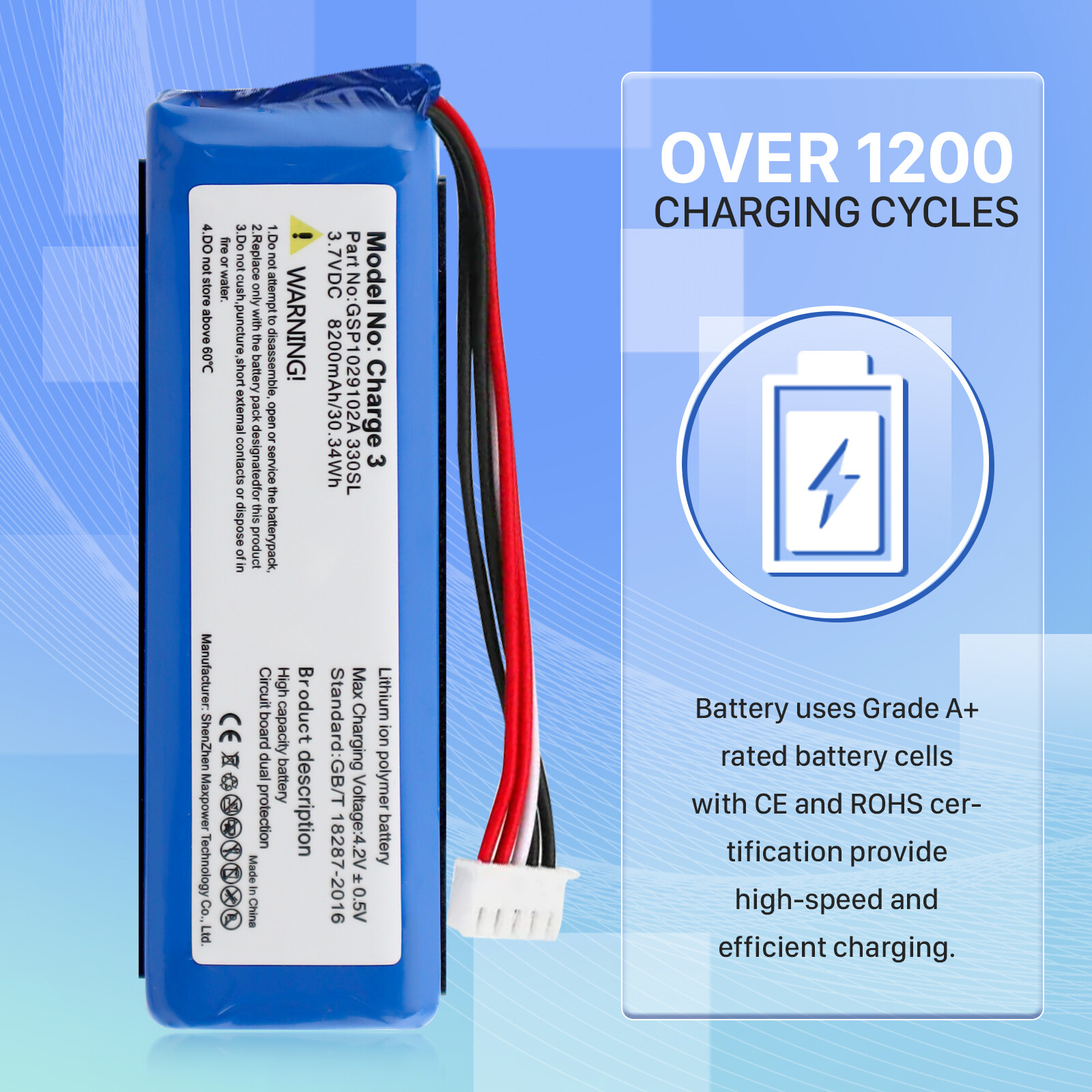 8200mAh GSP1029102A Battery Replacement for JBL Charge 3 2016 Bluetooth Speaker