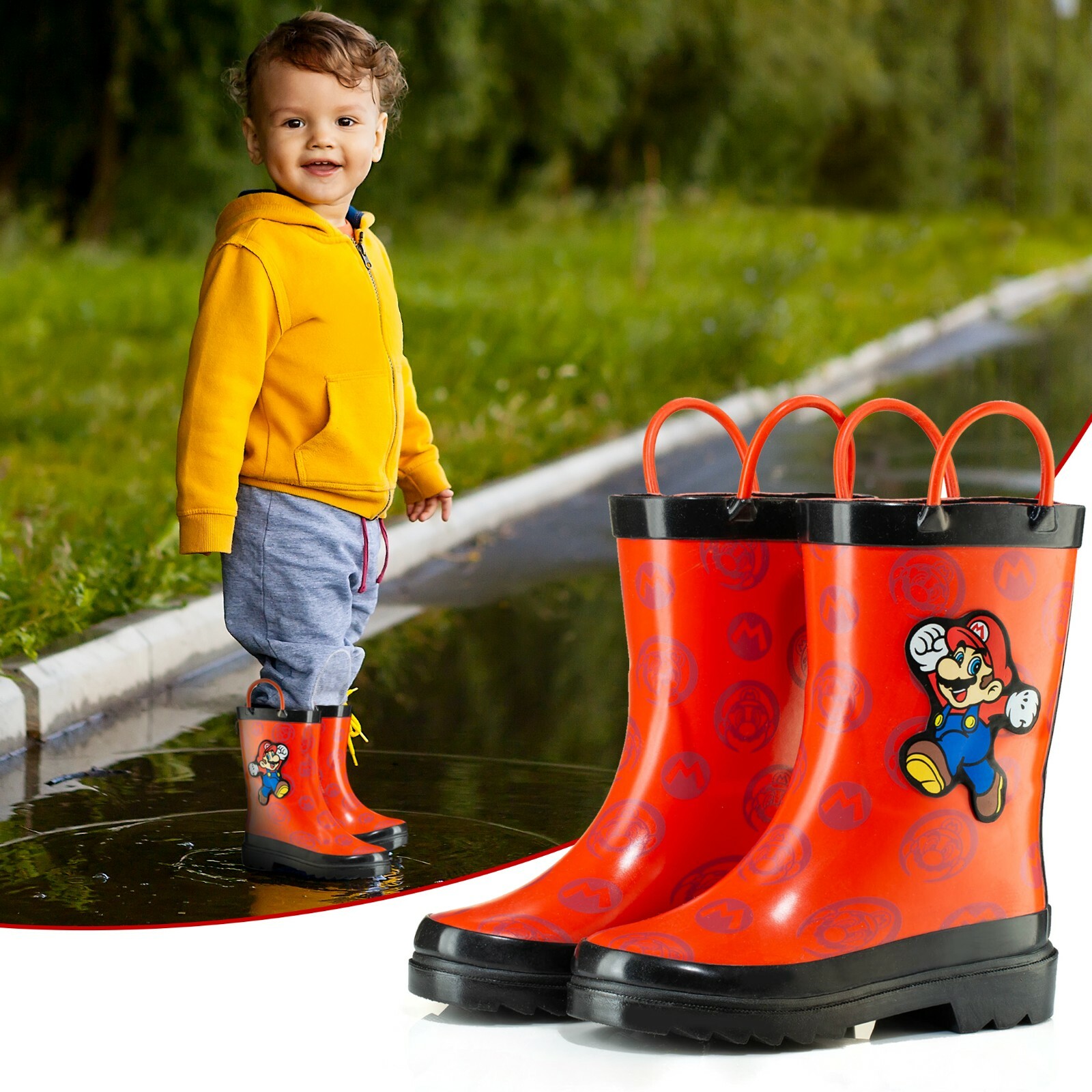 Nintendo Super Mario Boys Waterproof Easy-On Handles Rubber Rain Boots - Toddler