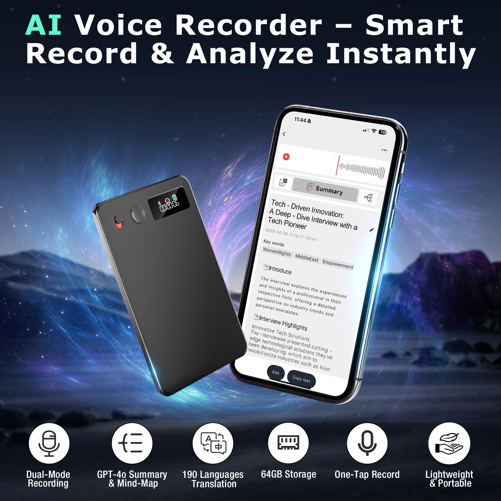 AI Voice Recorder, Audio Activated Recorder with Playback, App Control, Trans...