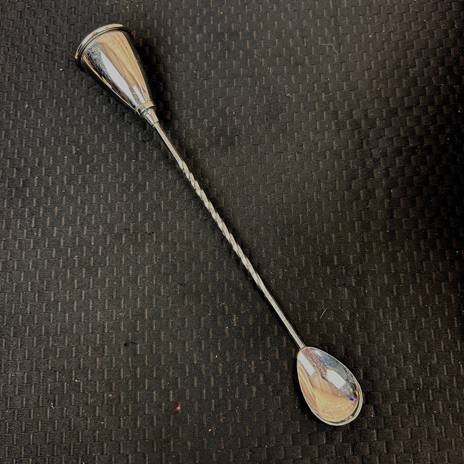 Vintage Silver Tone Twisted Handle Bar Spoon with Bell End Jigger 11 Inch