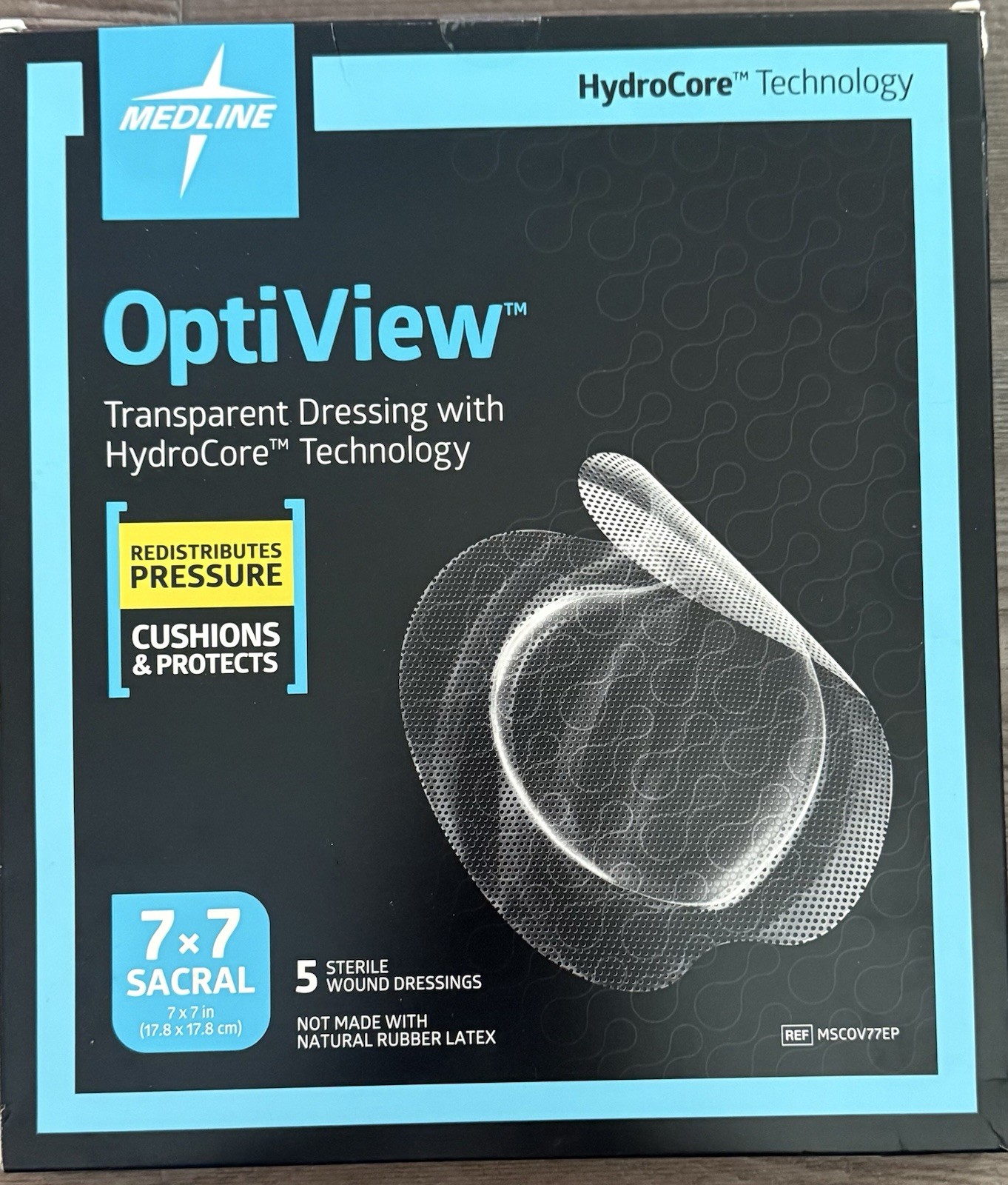 Bx of 5 Medline OptiView Transparent Dressing w/ Hydro-Core 7" x 7" MSCOV77EP