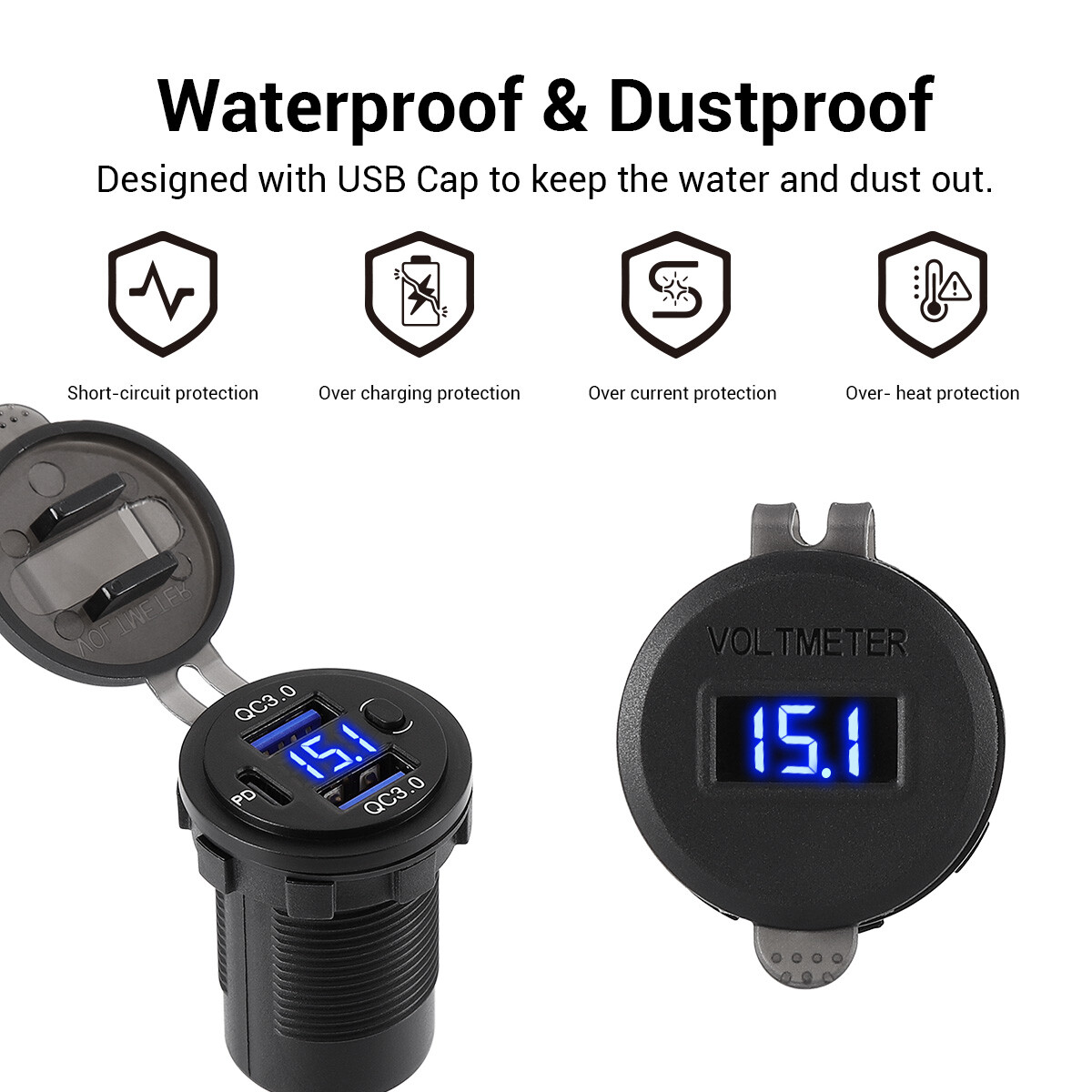 12V-24V PD + QC3.0 Dual USB Car Fast Charger Power Socket Outlet LED Voltmeter