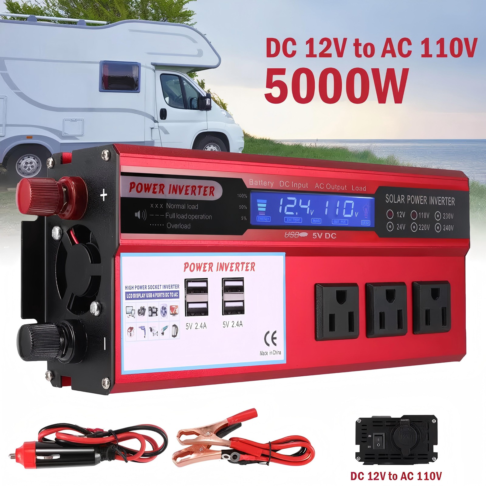 Car Power Inverter 5000W DC 12V To AC 110V Pure Sine Wave Solar Converter 4 USB