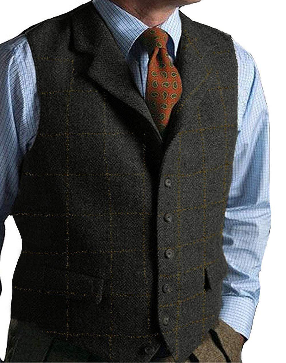 Mens Tweed Plaid Vest Vintage Western Windowpane Formal Wool Vests Large XL 2XL