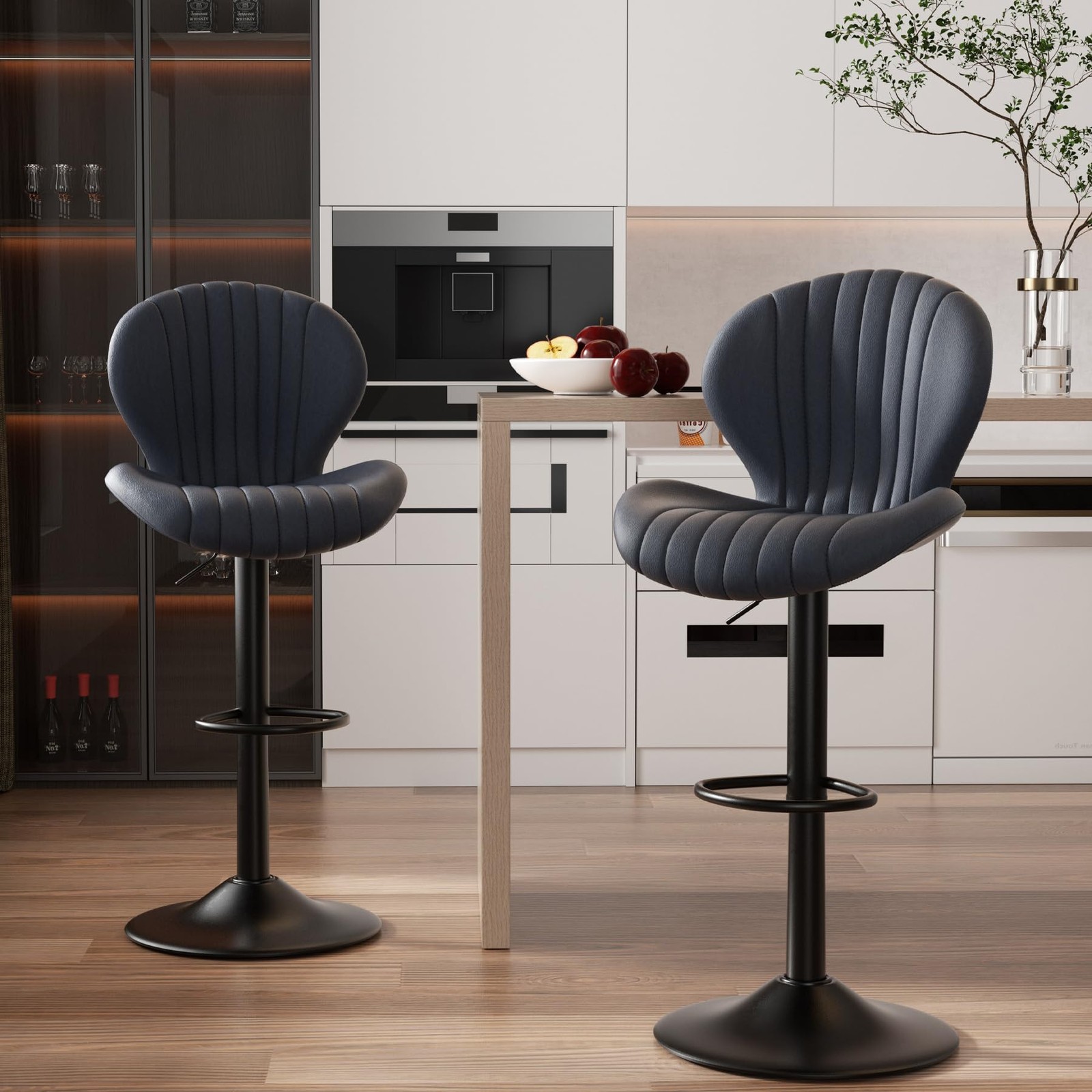 Modern Fabric Upholstered Bar Chairs Set of 2 Adjustable Swivel Dark Grey