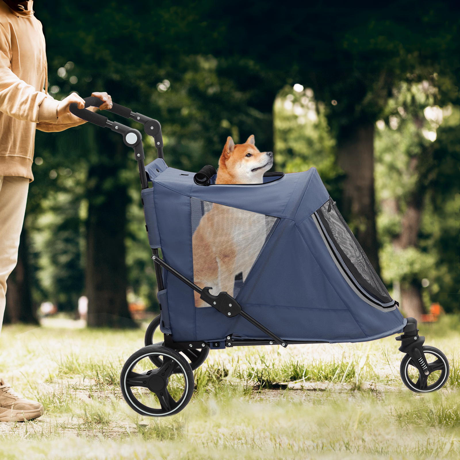 Folding Dog Stroller Blue Portable Pet Travel Carrier Cart w/Foot Activated Lock