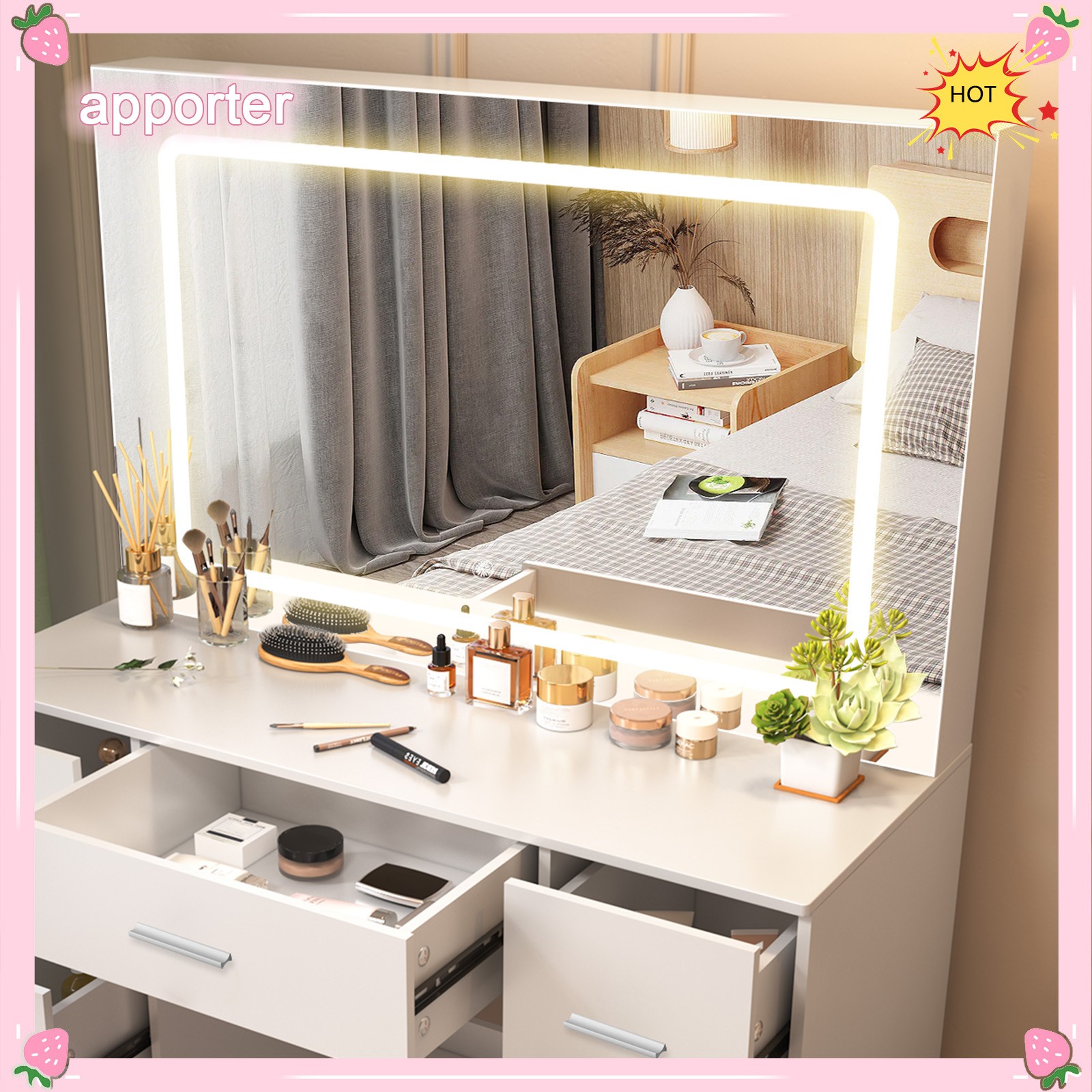 10 LED Lights With Large 3 Colors Mirror Makeup Dresser Desk Vanity Drawer Table