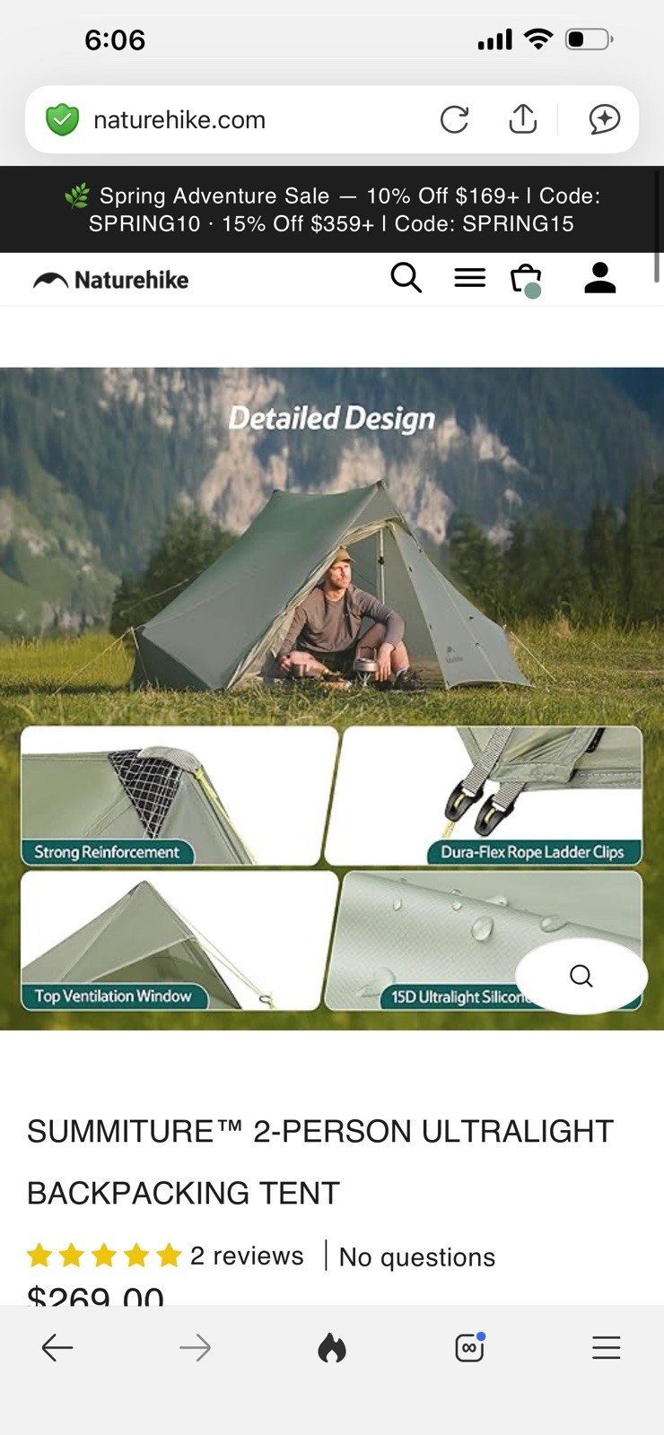 Naturehike Summiture 2 Person Ultralight Backpacking Tent New $5 Shipping US