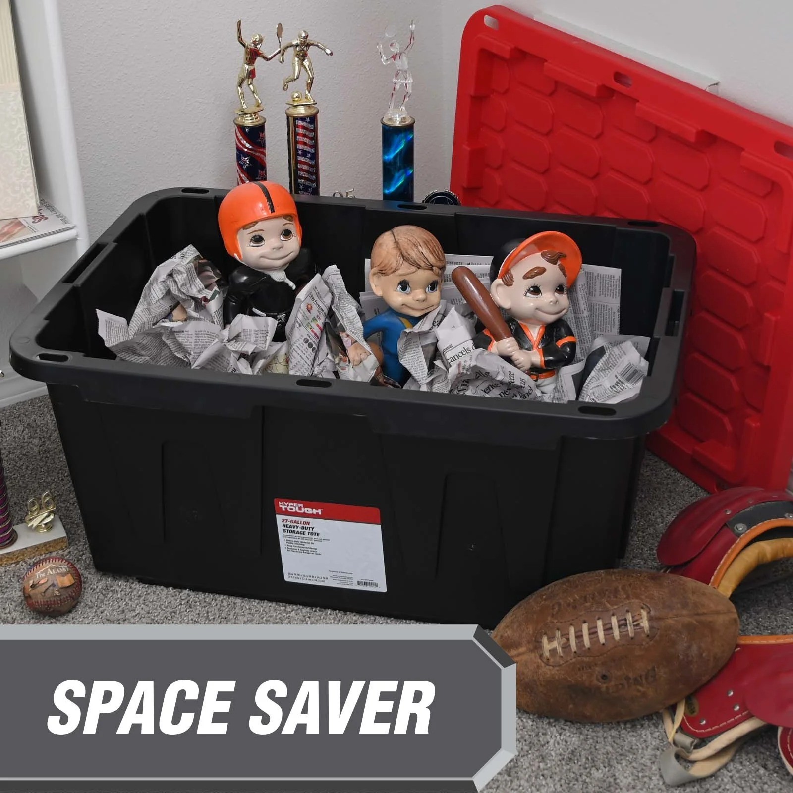 Hyper Tough 27 Gallon Snap Lid Plastic Storage Bin Container, Black with Red Lid
