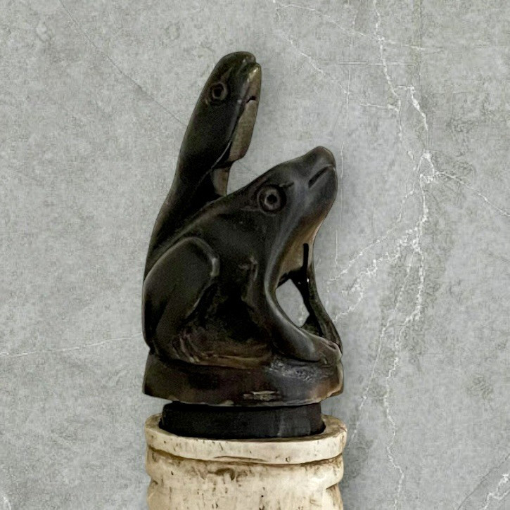 Vintage African Carved Antler Container Snuff Bottle 6.5" x 1.5" Frog Stopper