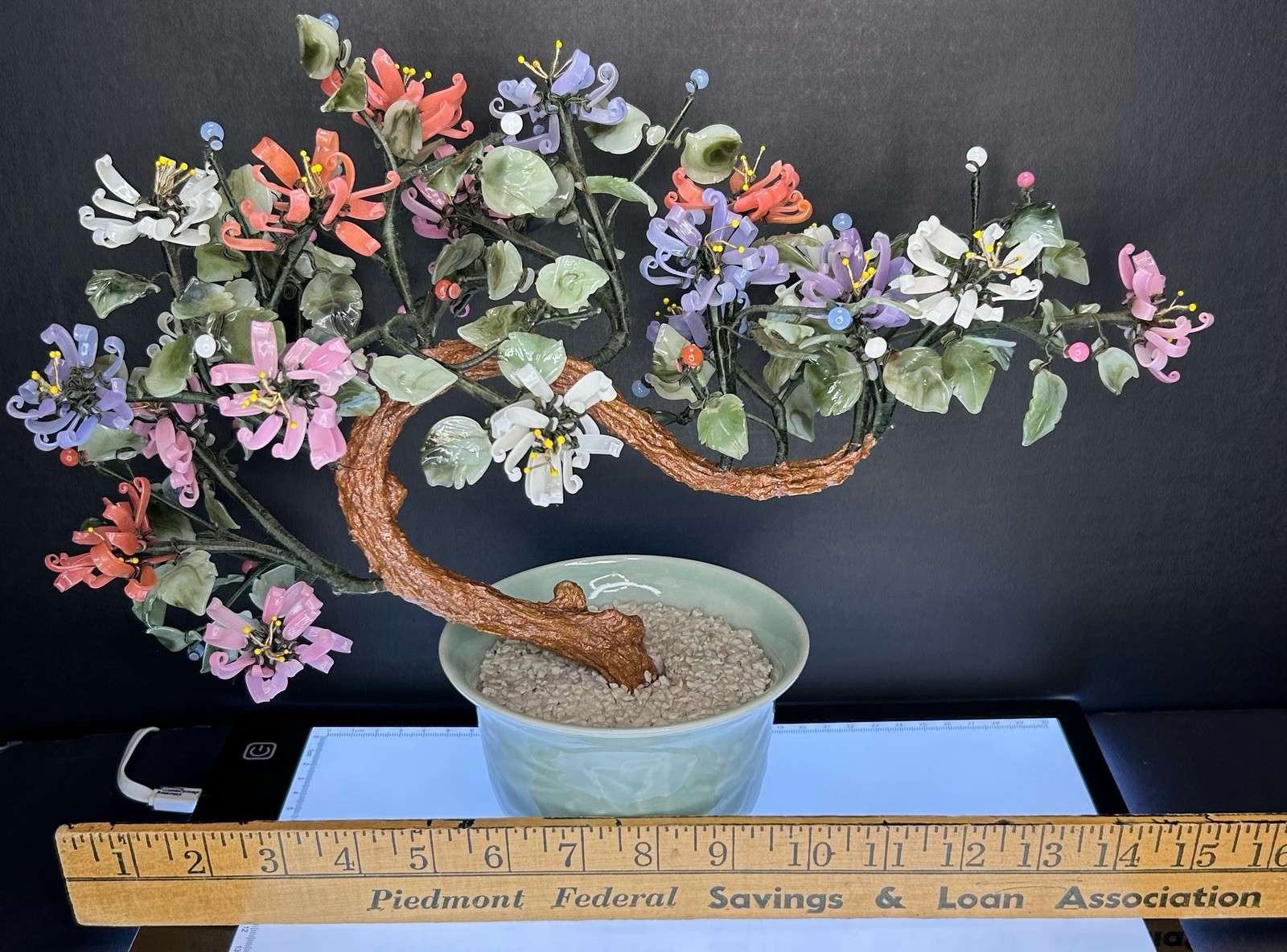 Vintage Chinese Jade Quartz Stone Glass Bonsai Tree Celadon Pot Curly Leaf Large