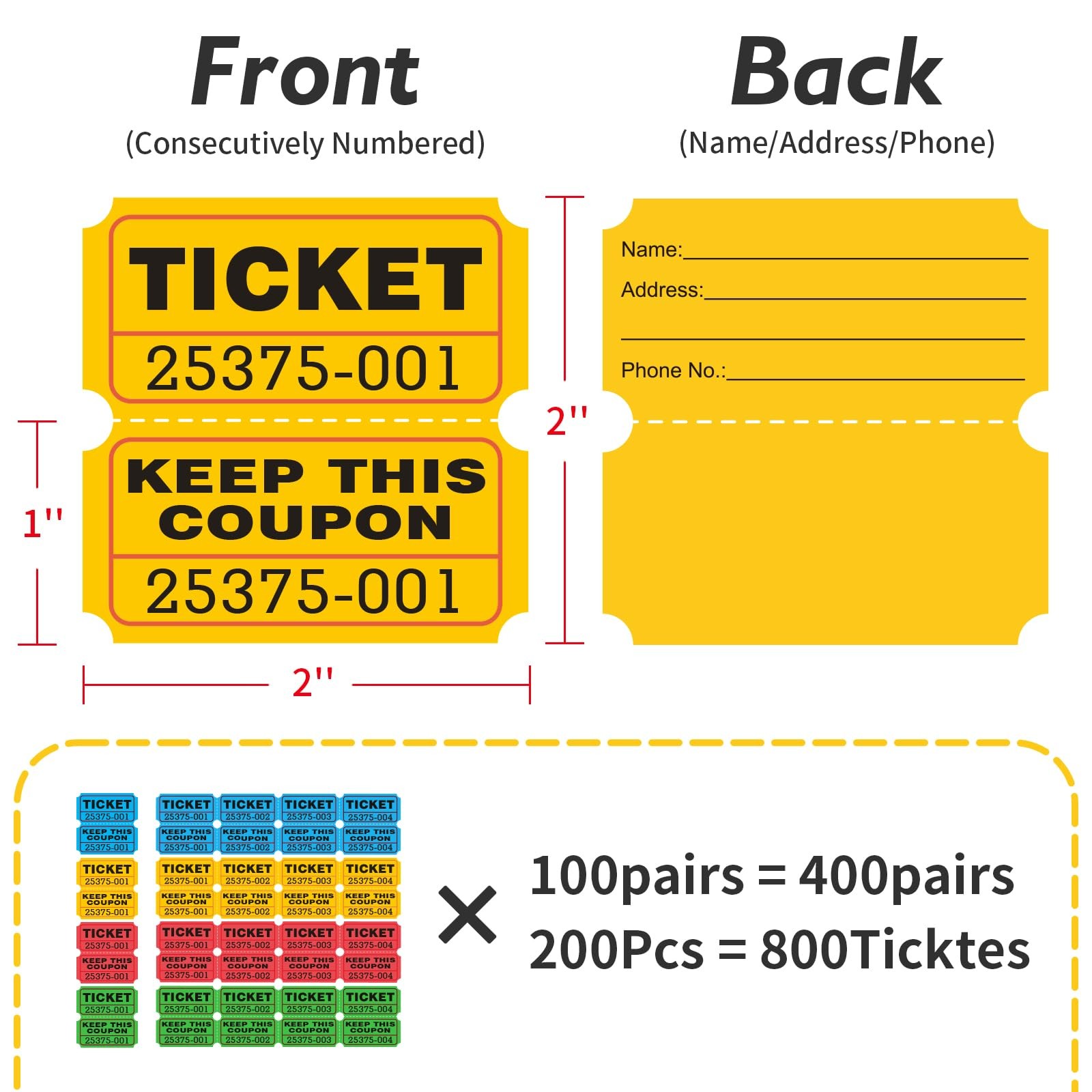 Raffle Tickets 800 Pcs 400 Pairs 50/50 Double Ticket Bold Numbers Easy Reading