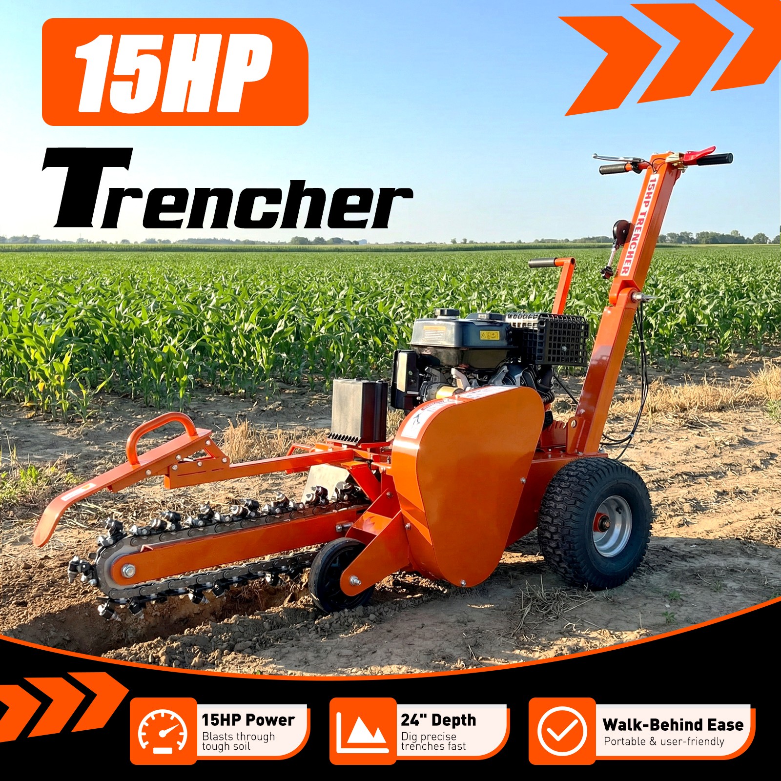 15HP E-Start Gas Powered Trencher, 420cc  24'' Trench Depth/4'' Trench Width