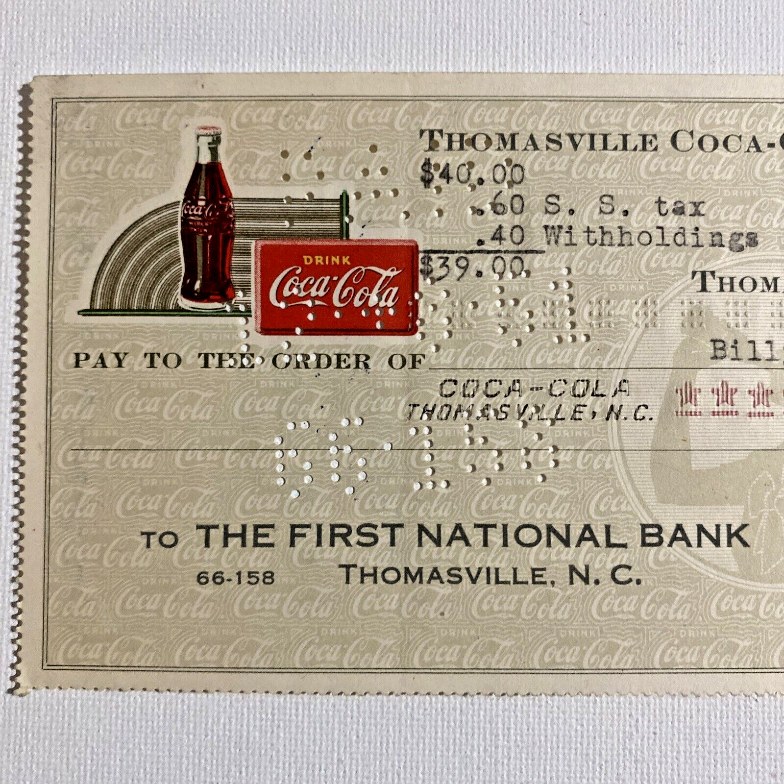1951 Coca-Cola Bottling CO Coke Canceled Check Thomasville, N.C. National Bank.