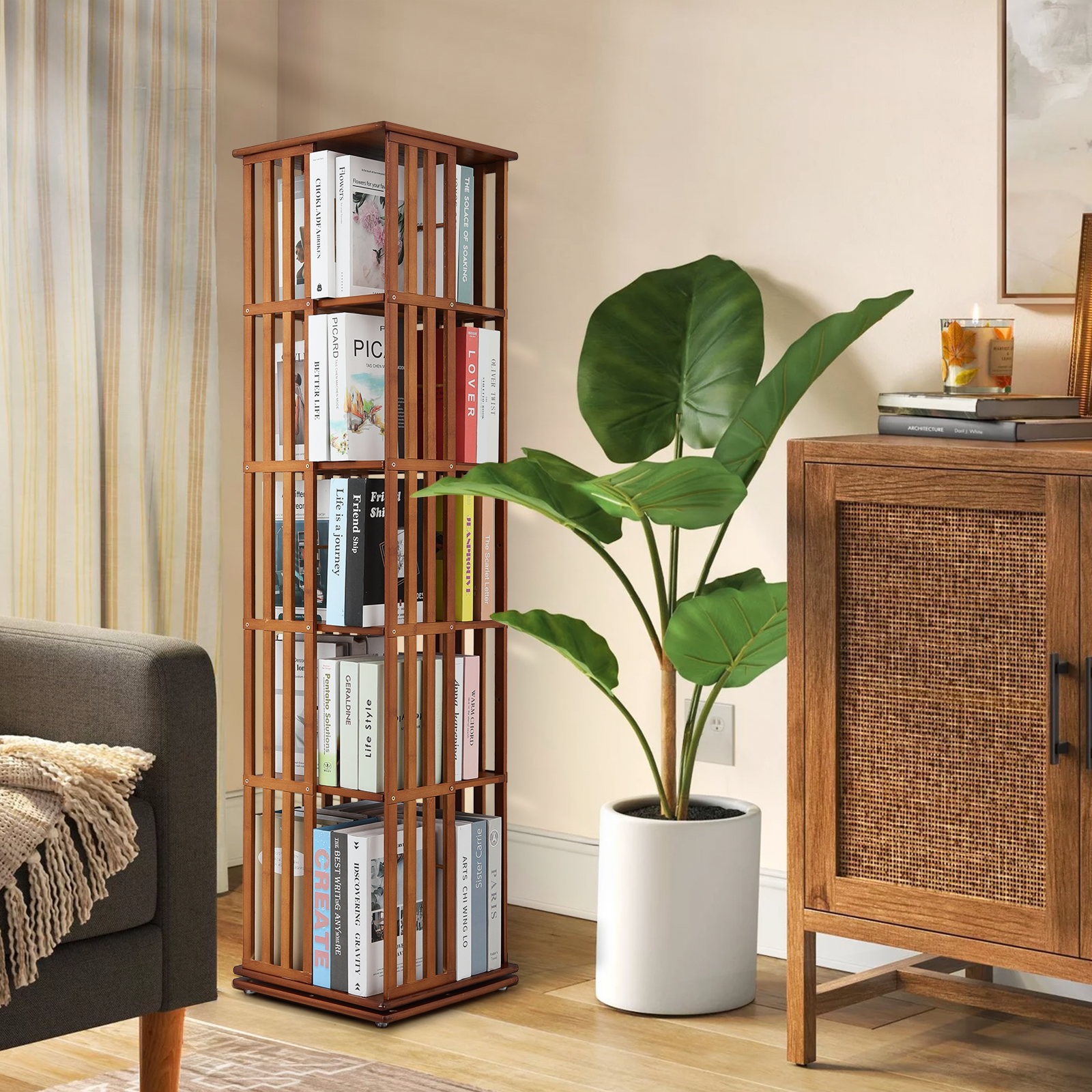 5 Tiers Brown Bamboo Rotating Bookshelf Open Shelving Storage Rack Freestanding