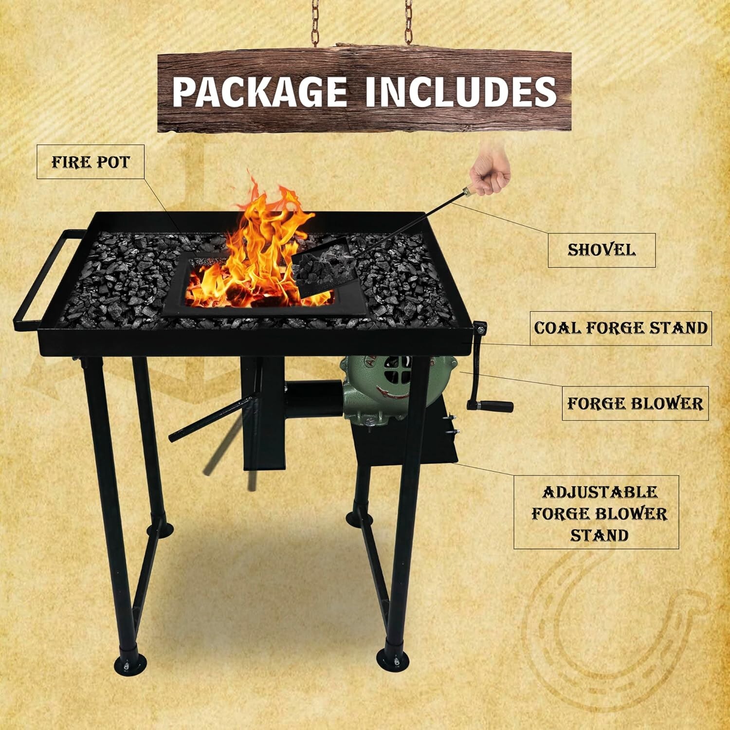 Coal Forge Stand with Fire Pot & Hand Blower - Blacksmithing Starter kit