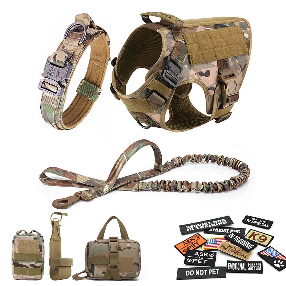 Military Large Dog Harness Collar Leash Bags Patches Set Tactical Dog Vest Set