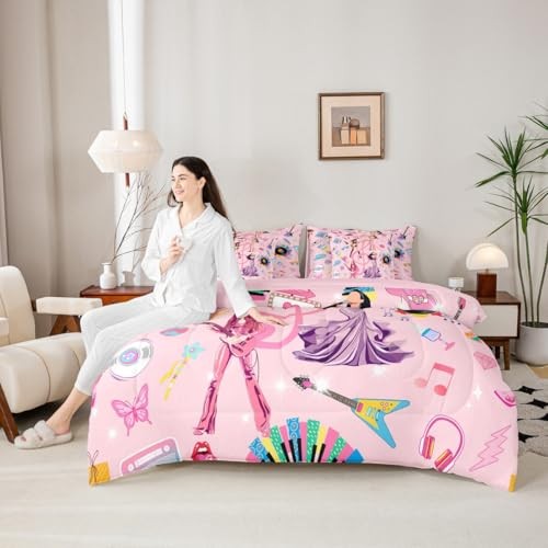 Kids Music Singer Comforter Set with Sheets Size, Rock Music Twin Pink Purple