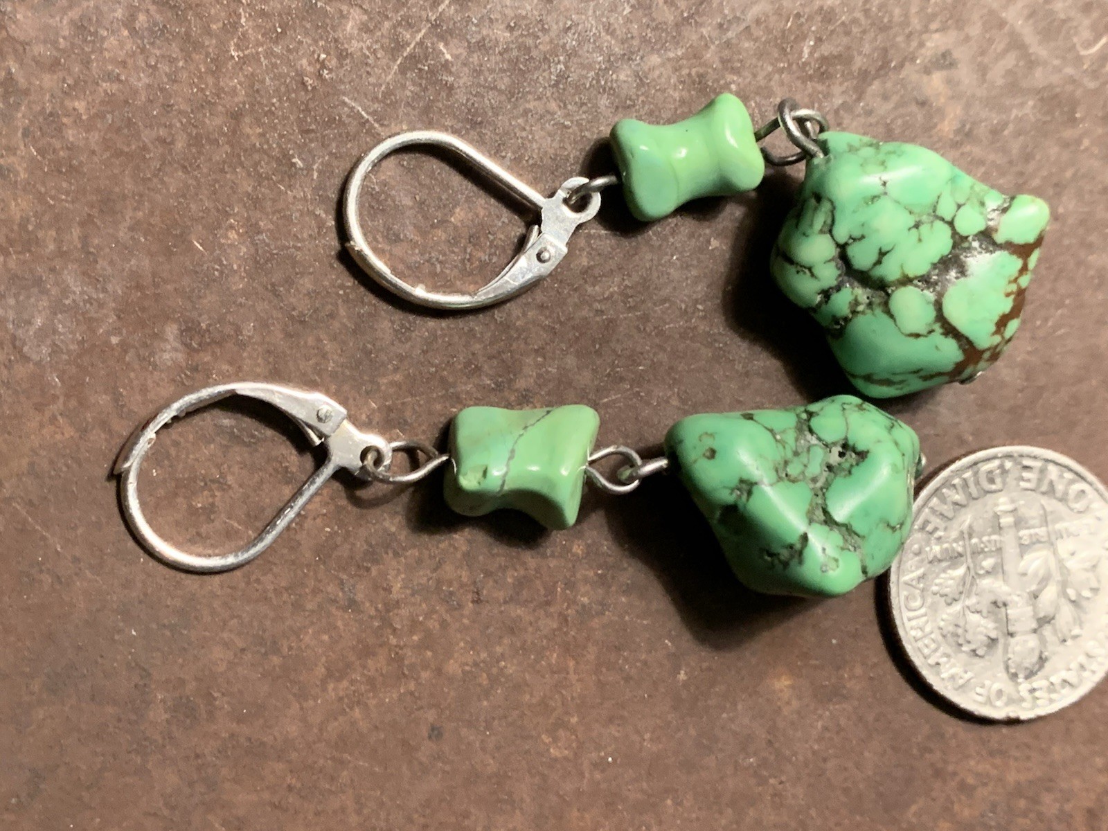 Gorgeous Artisan Chunk Bright Green Turquoise Dangle Stone Earrings
