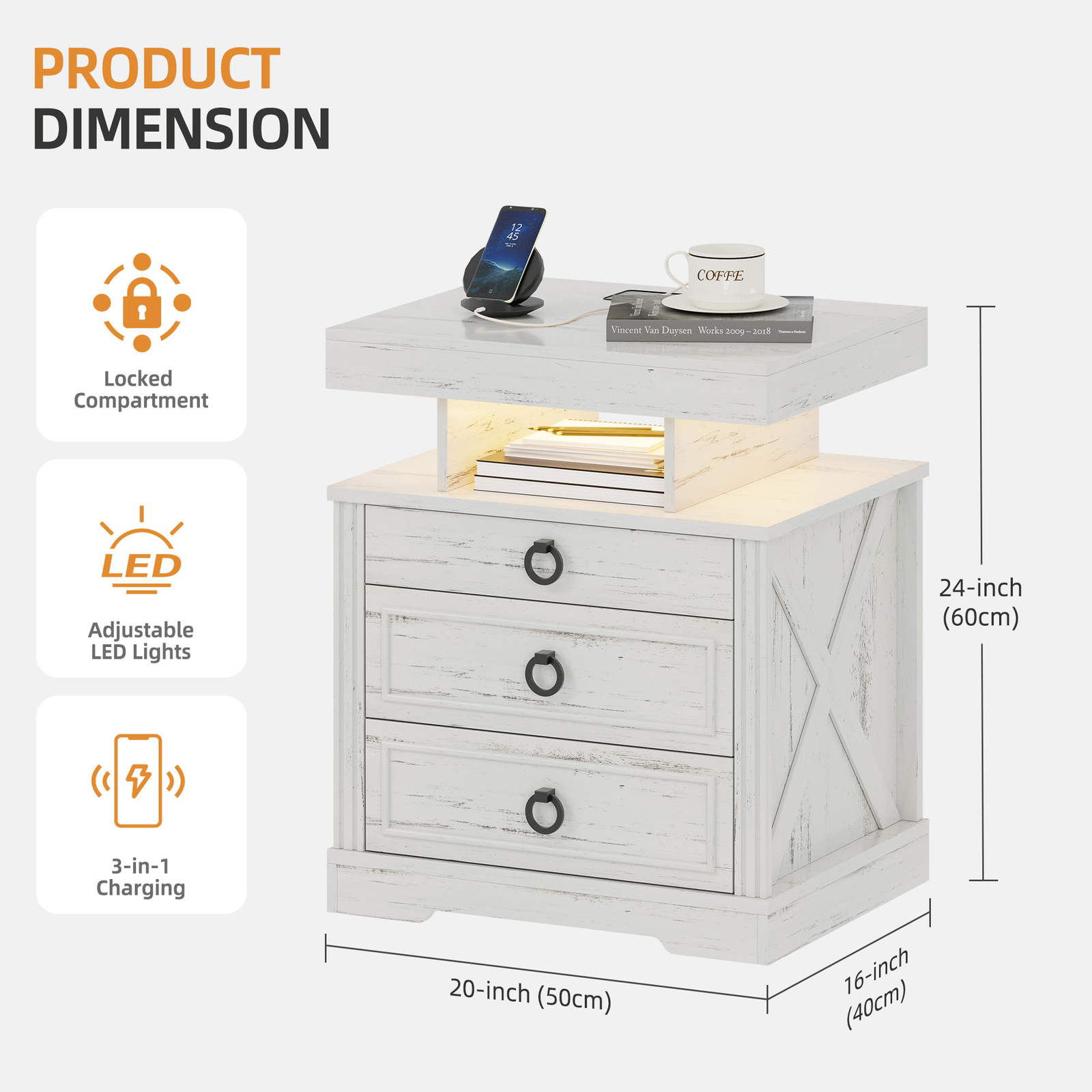 Farmhouse Night Stand with Gun Drawer, LED NightStand with Light & Human Sensor