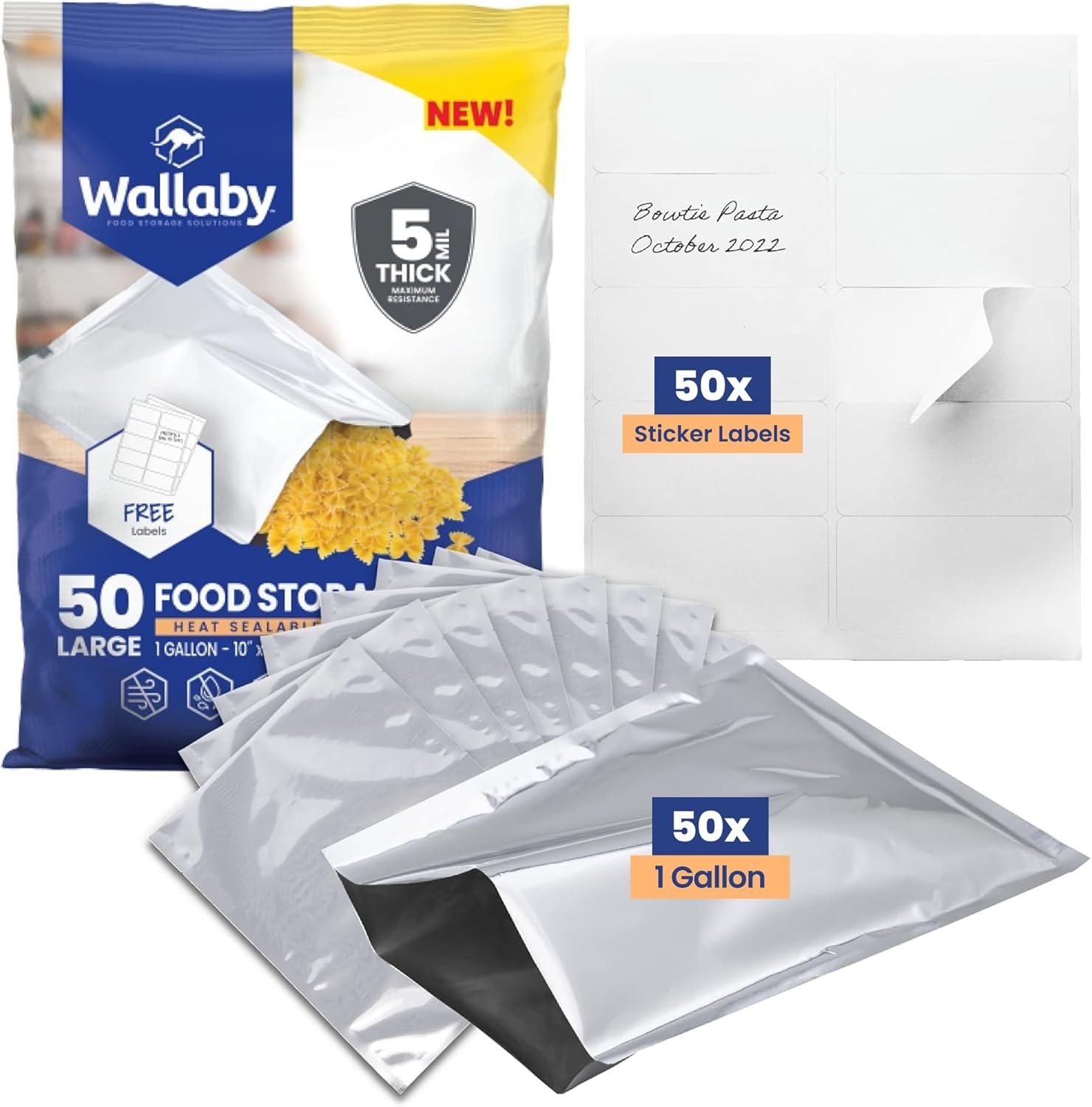 50ct 1-Gallon Mylar Bags 10Mil Thick Heat Seal Airtight Food Storage | Silver