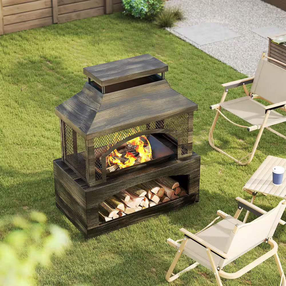 37 In. Steel Outdoor Wood Burning Fireplace with Wood Storage Rectangular Freest