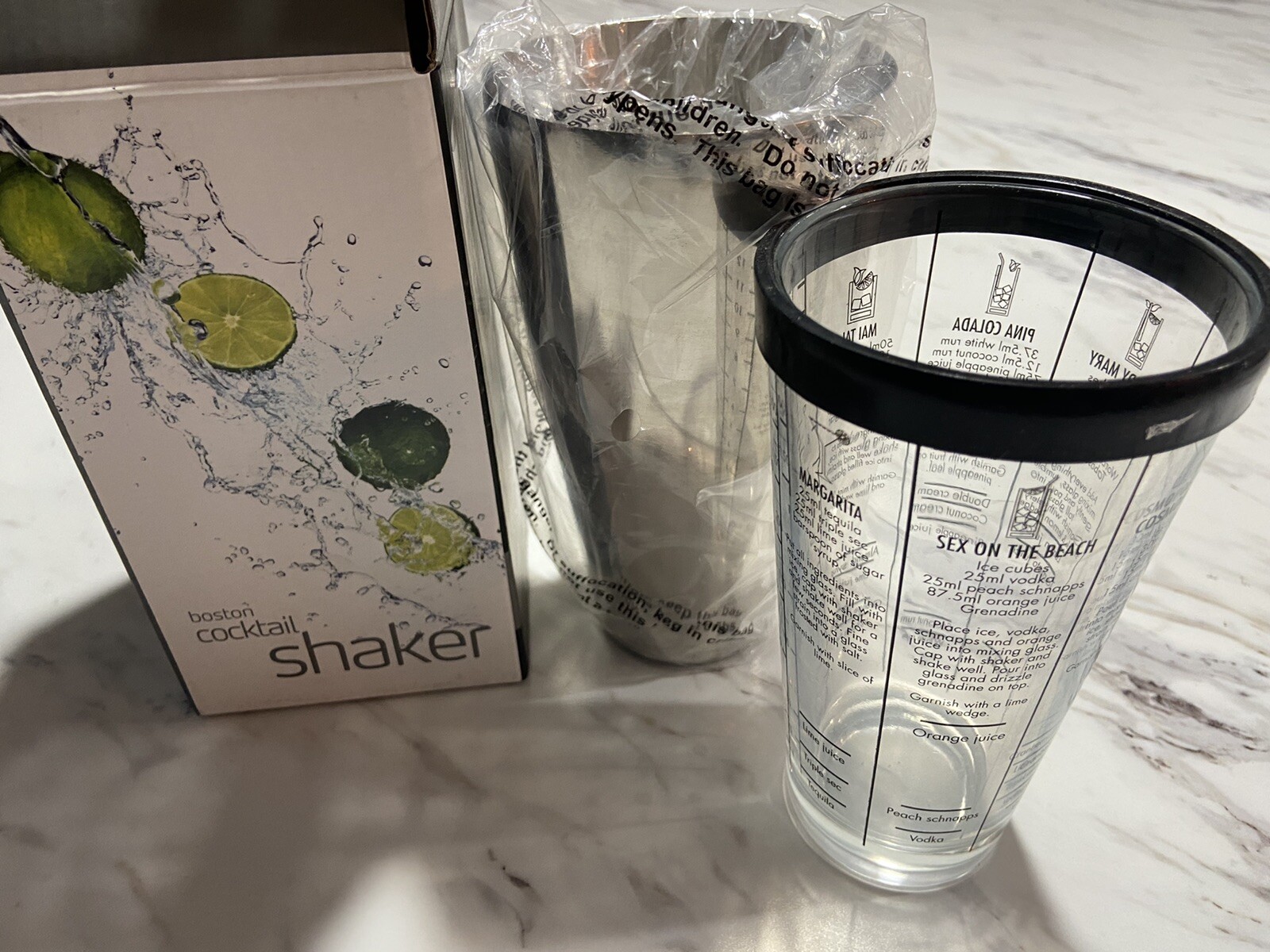 NEW!! BOSTON COCKTAIL SHAKER Stainless Steel And Glass W/Drink Recipes