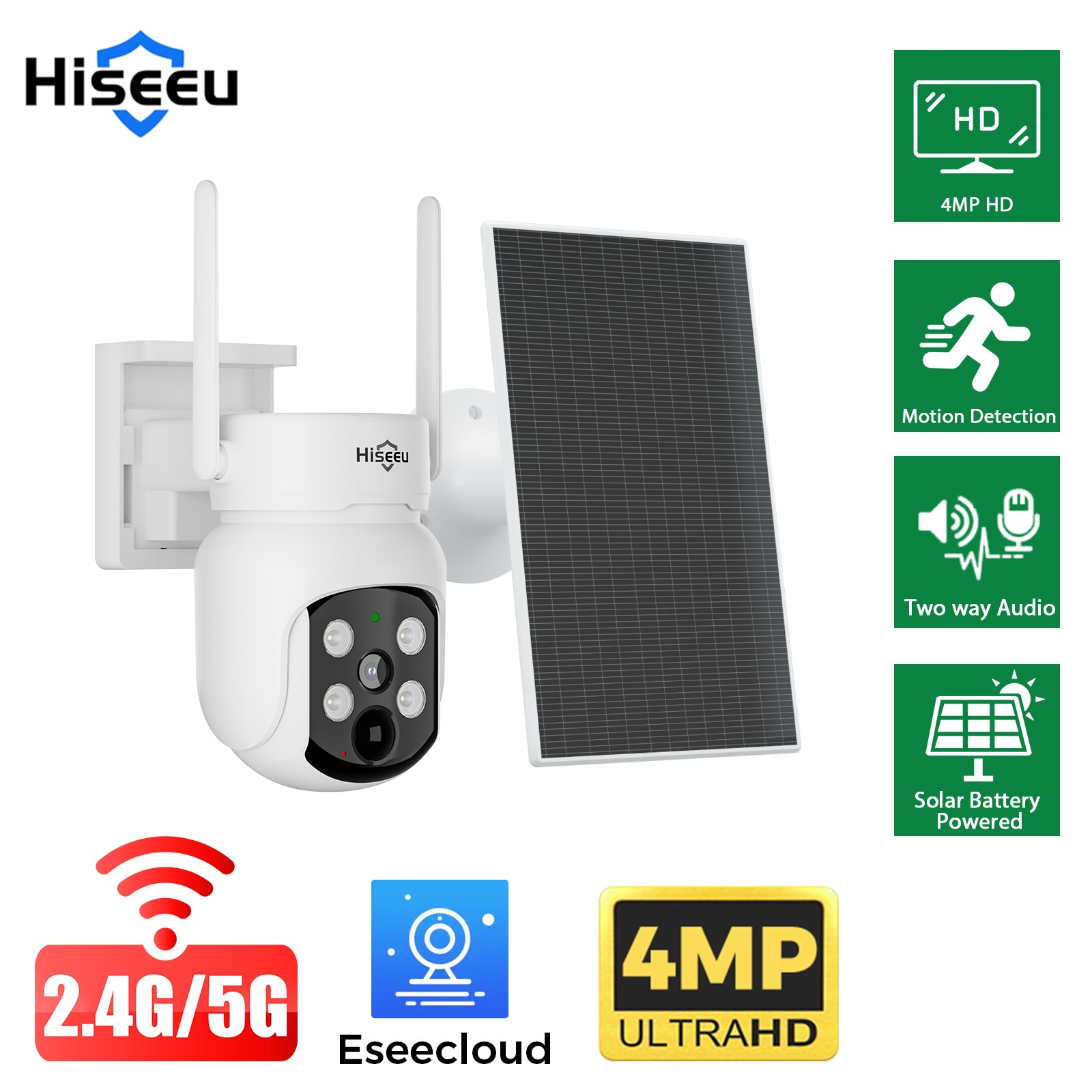 1~4PCS Hiseeu 4MP Wireles WiFI Solar Battery Security Camera 2Way Audio PTZ Auto
