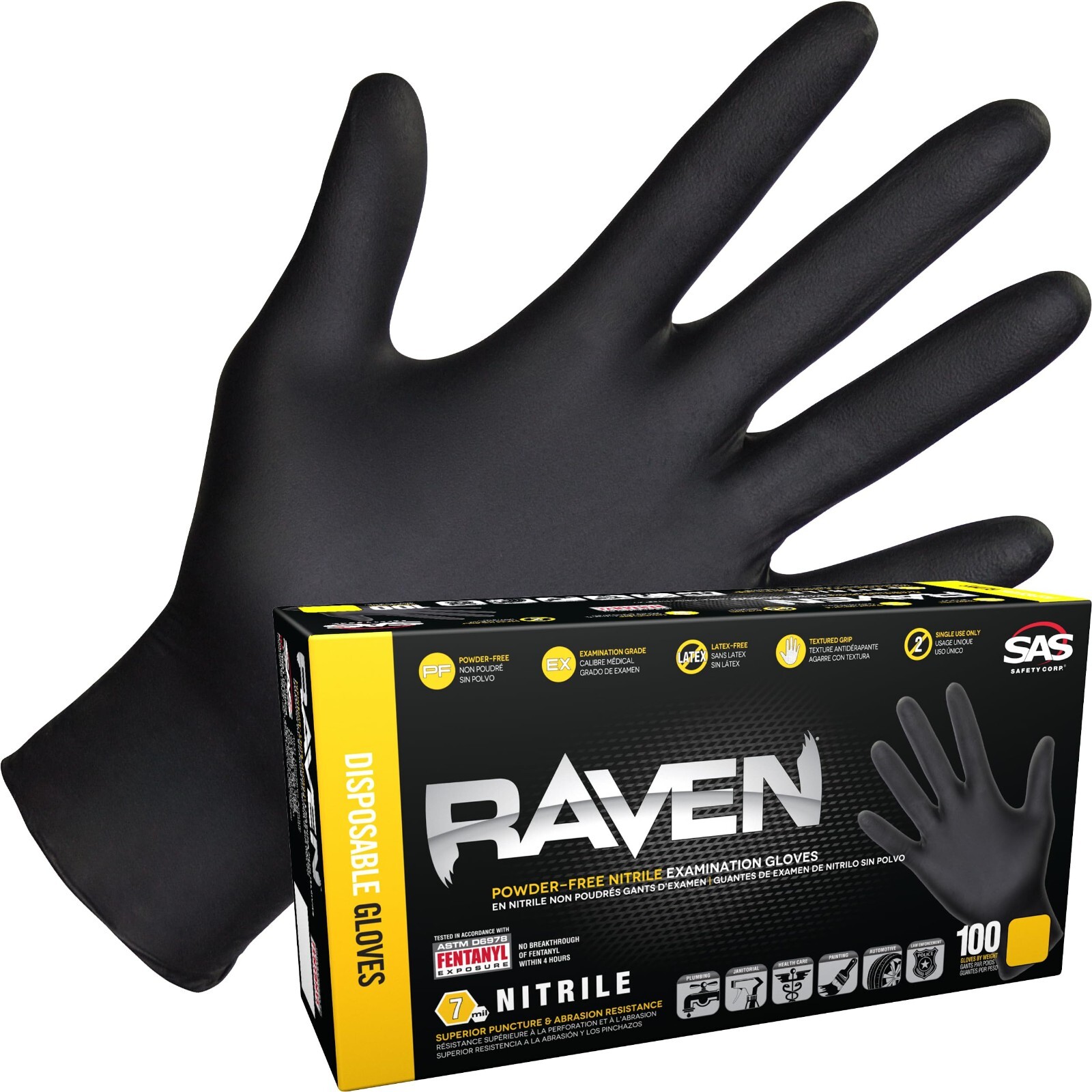 SAS Raven Black Nitrile Gloves Powder Free 7mil (10/Boxes of 100) (XL)
