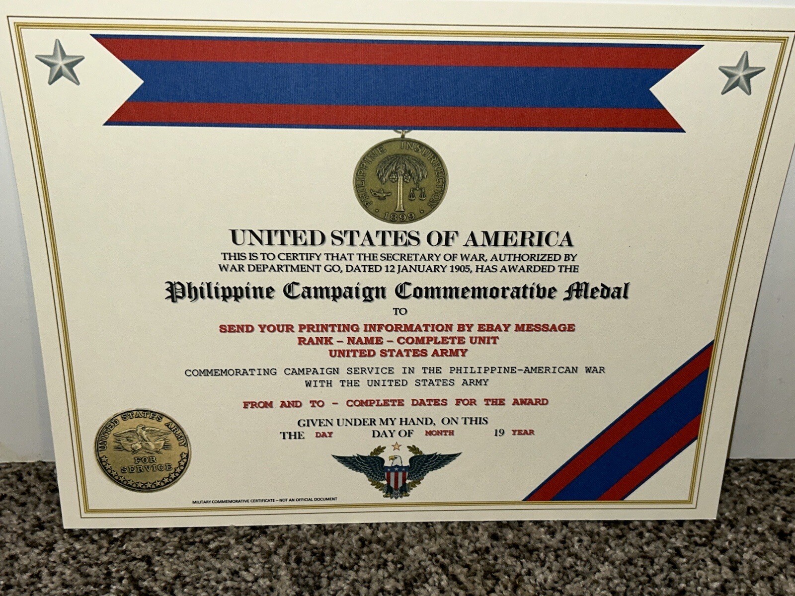 PHILIPPINE CAMPAIGN (ARMY) COMMEMORATIVE MEDAL CERTIFICATE ~ W/PRINTING TYPE-1