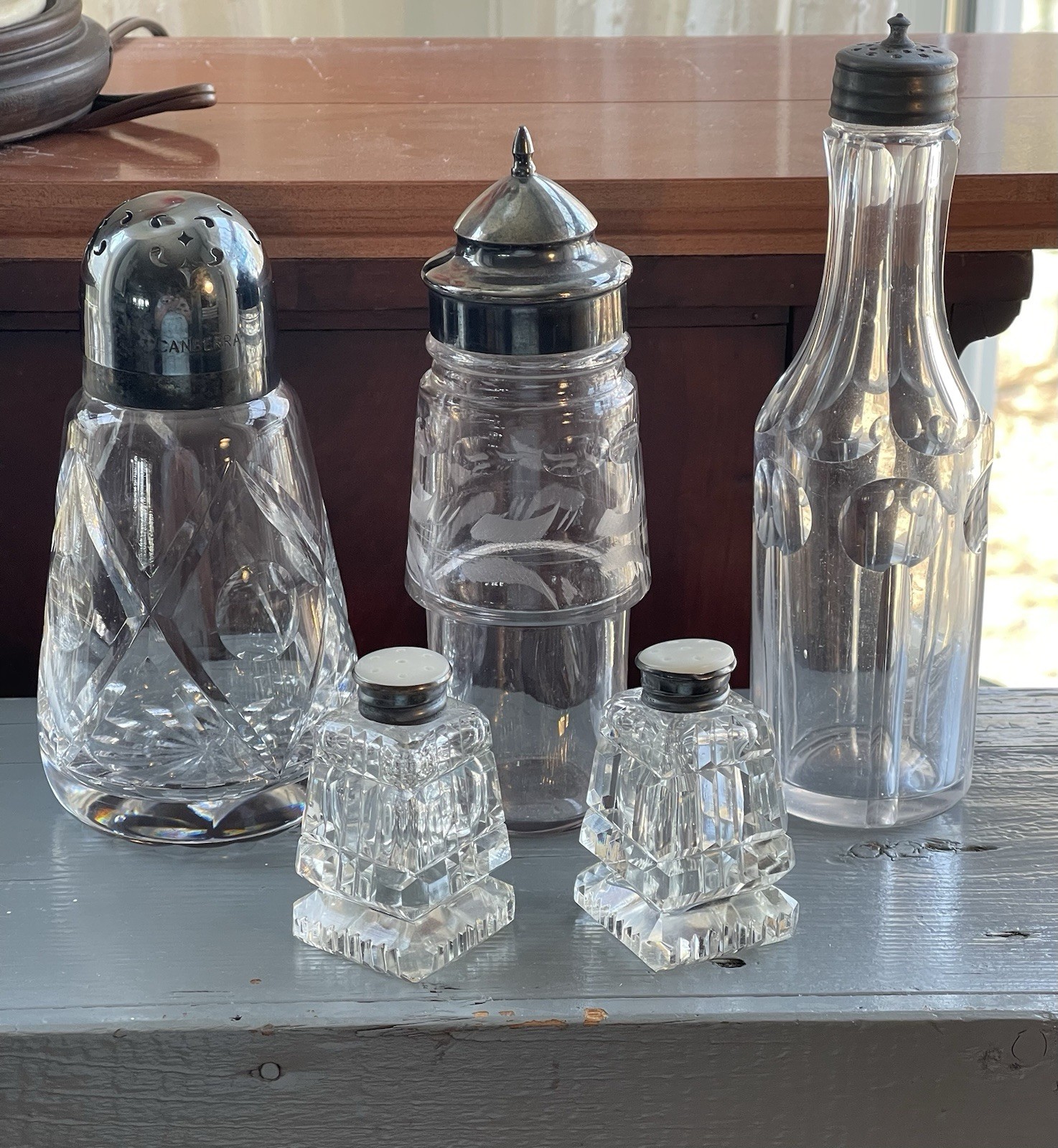 Lot of 5 Vintage/Antique Crystal Etched Condiment Shakers & Cruets Birks & Co...