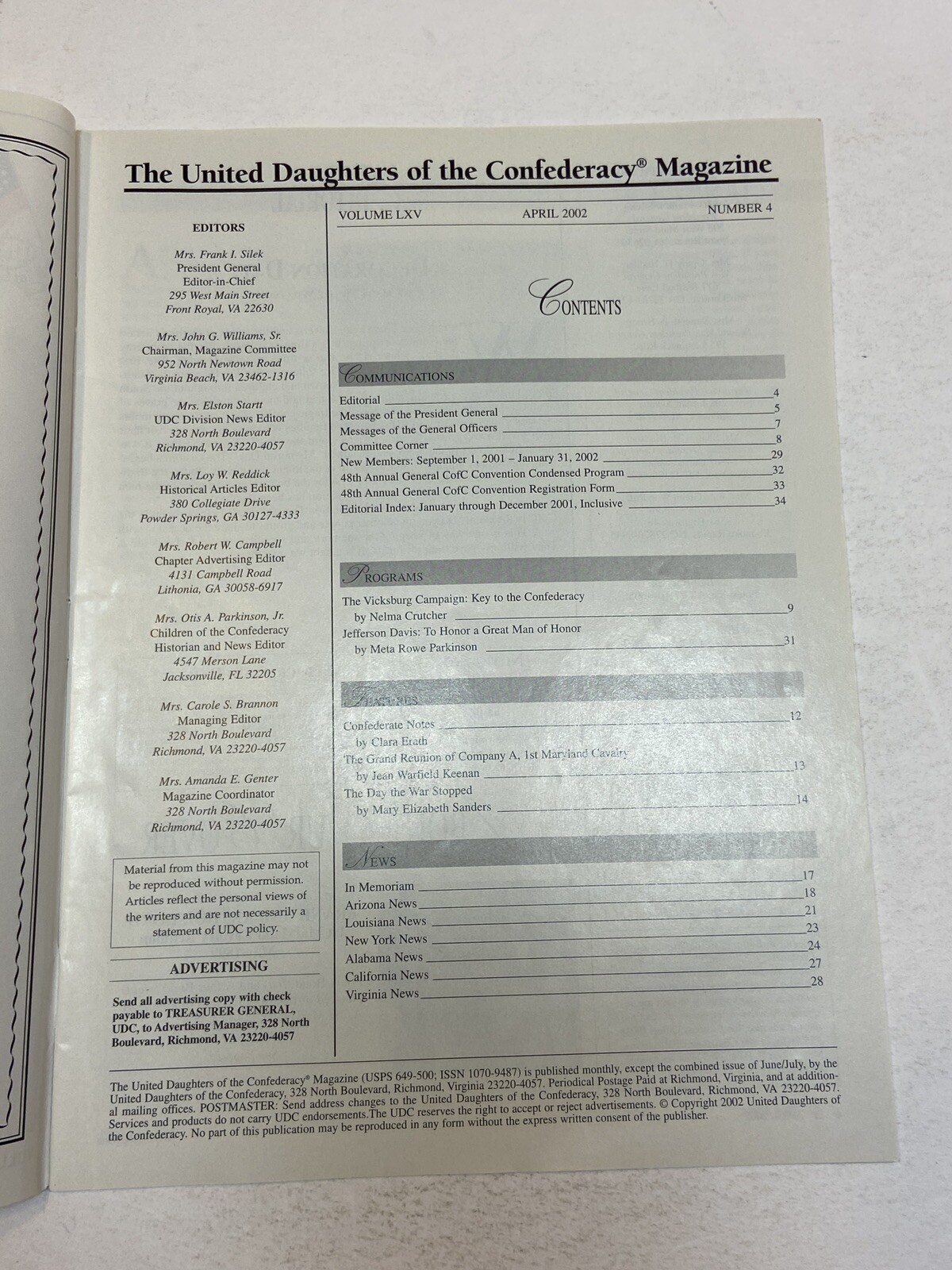 UDC United Daughters of the Confederacy Magazine April 2002 Vicksburg Jeff Davis