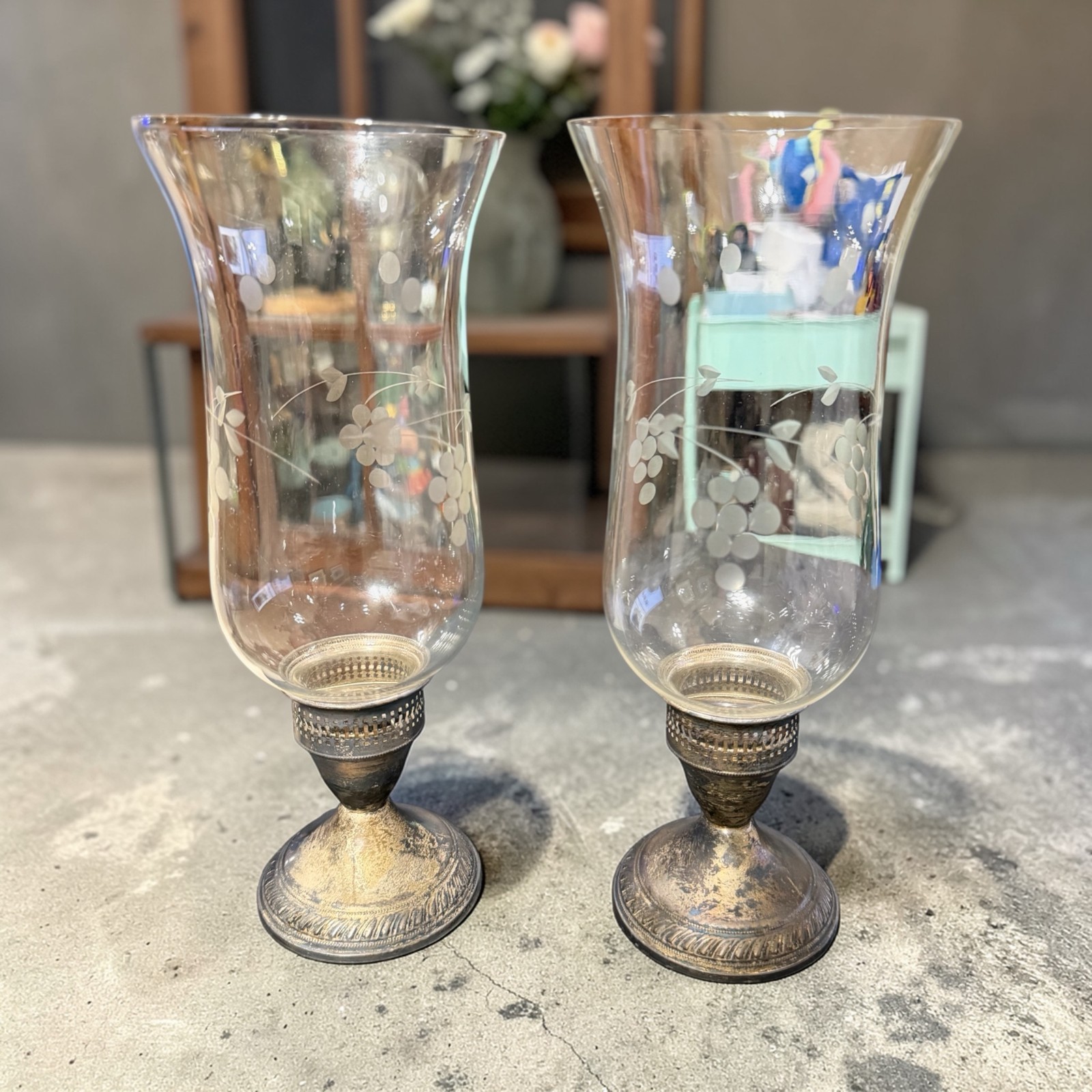 VTG Crosby sterling weighted hurricane etched candle holders set of 2 READ