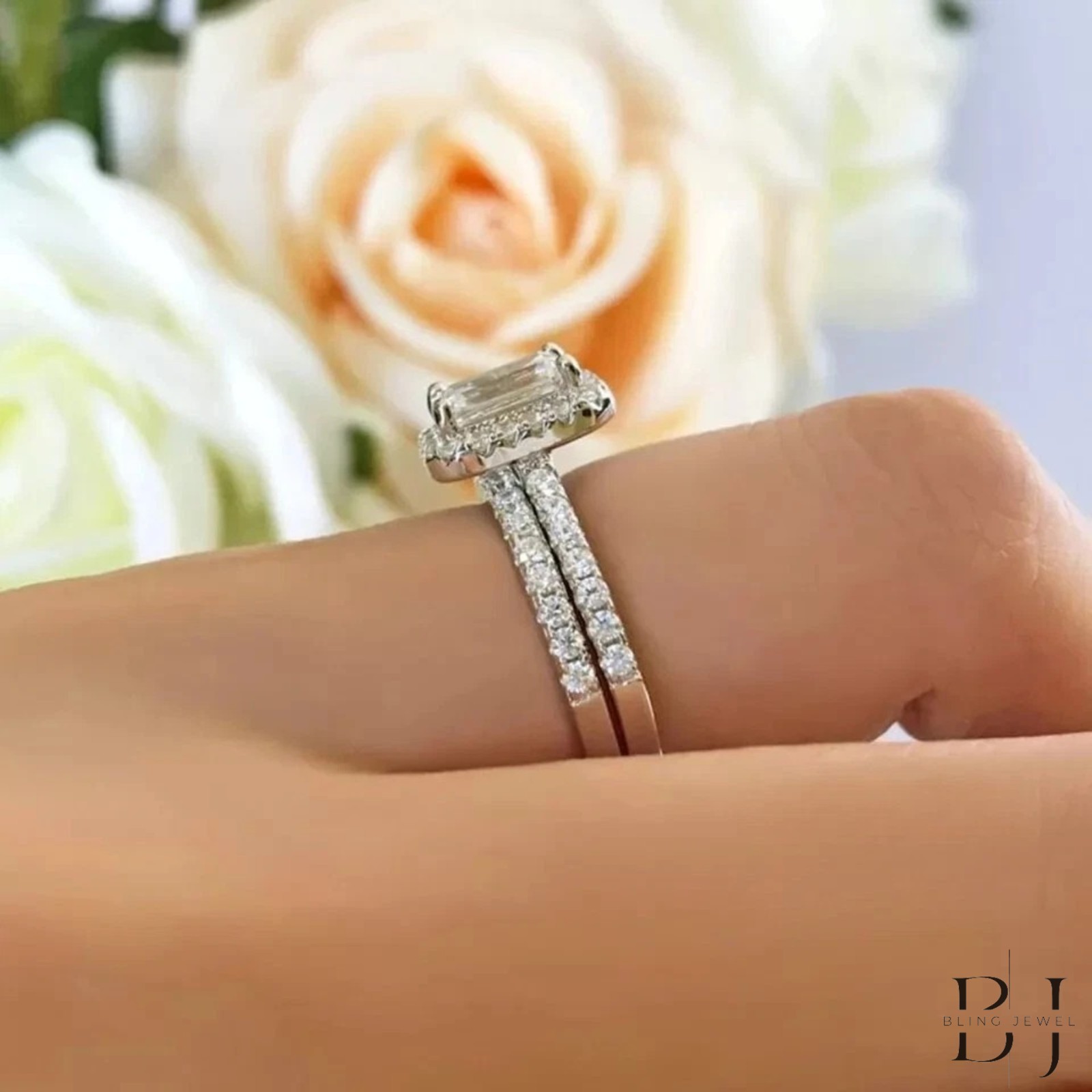 2.50 Emerald Cut Halo Moissanite Wedding Bridal Ring Set Solid 14K White Gold