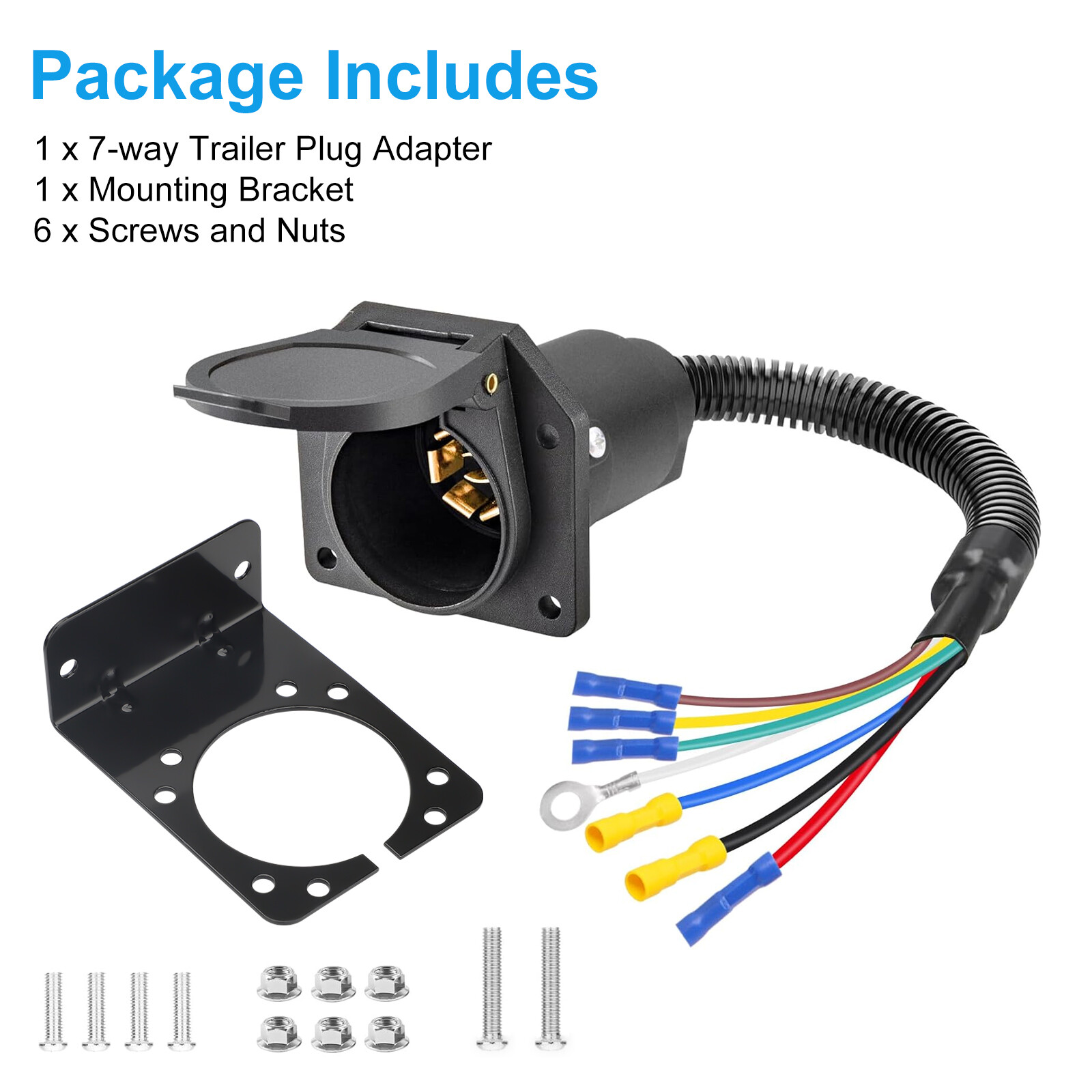 7 Way 7 Pin Trailer Plug RV Socket Wiring Harness Kit w/Bracket Screws for Truck
