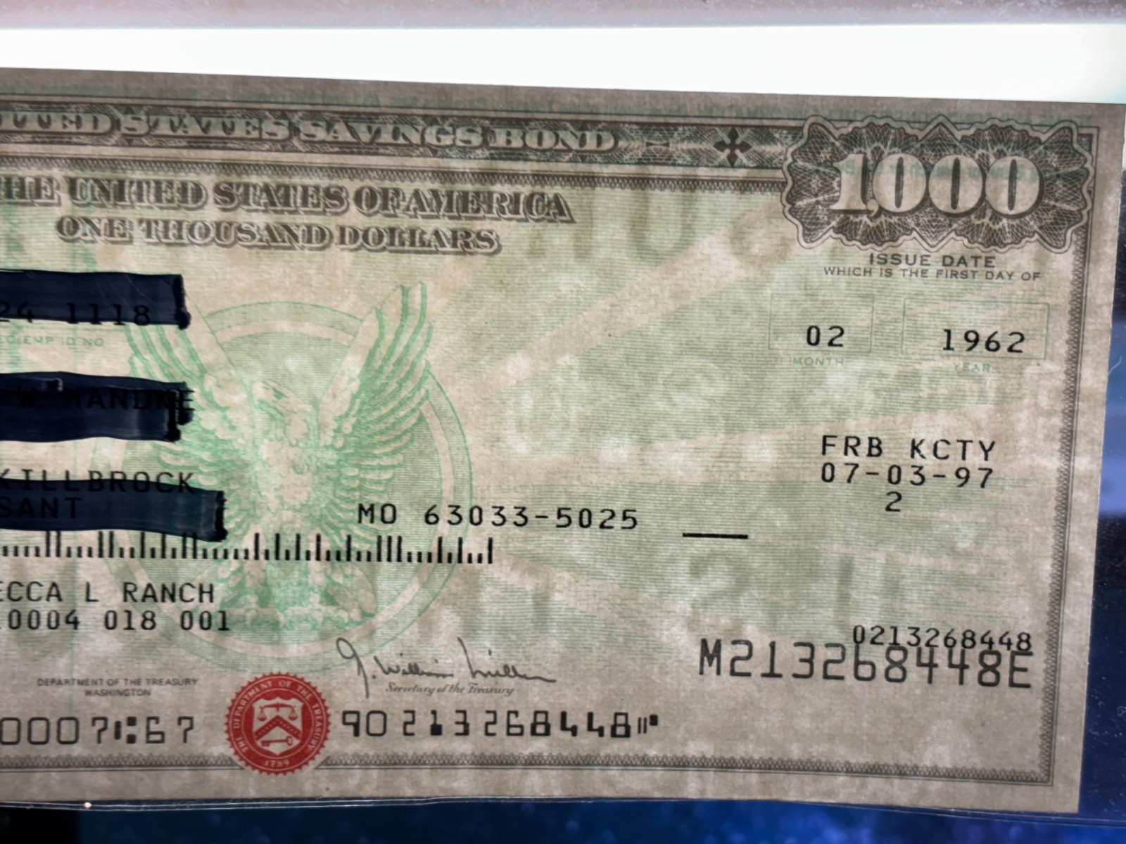 1972 1962 Series E $1000 SAVINGS BOND Abraham Lincoln Kansas City