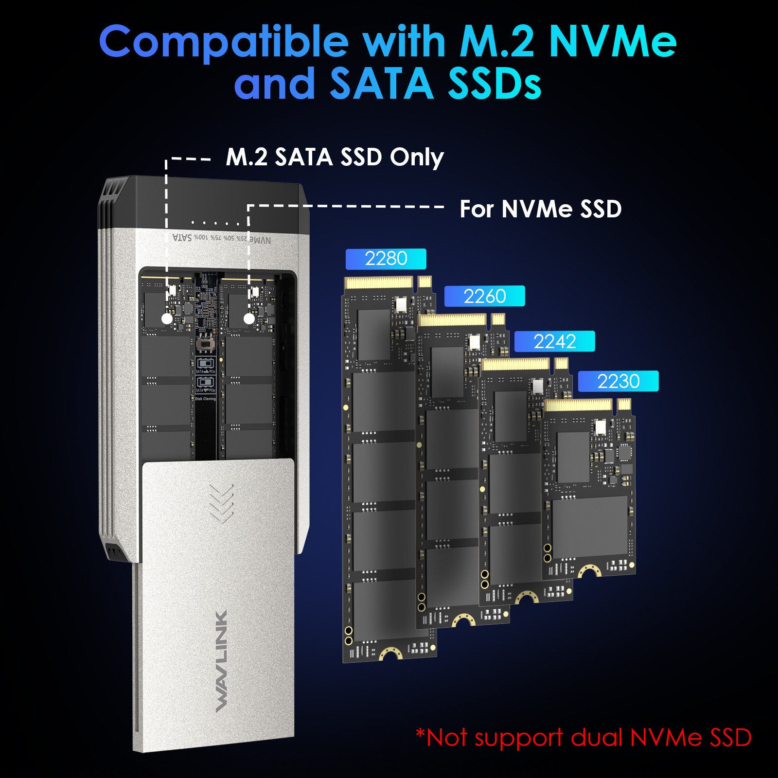 Dual-Bay Offline Clone M.2 SSD NVMe Cloner 10Gbps USB-C Hard Drives Enclosure