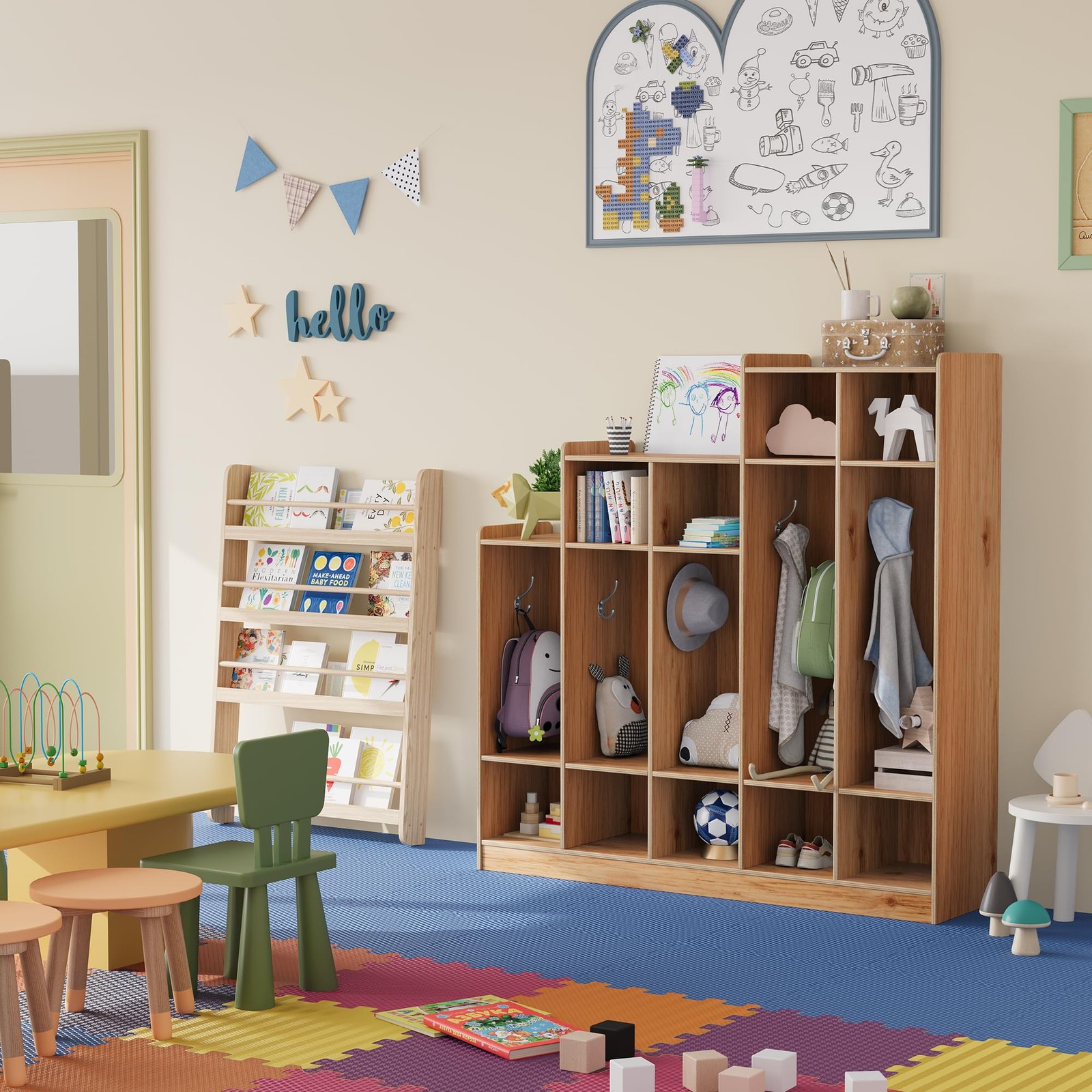 Classroom Coat Locker 5-Section 9 Cubbies 10 Hooks Natural Wood for Home School