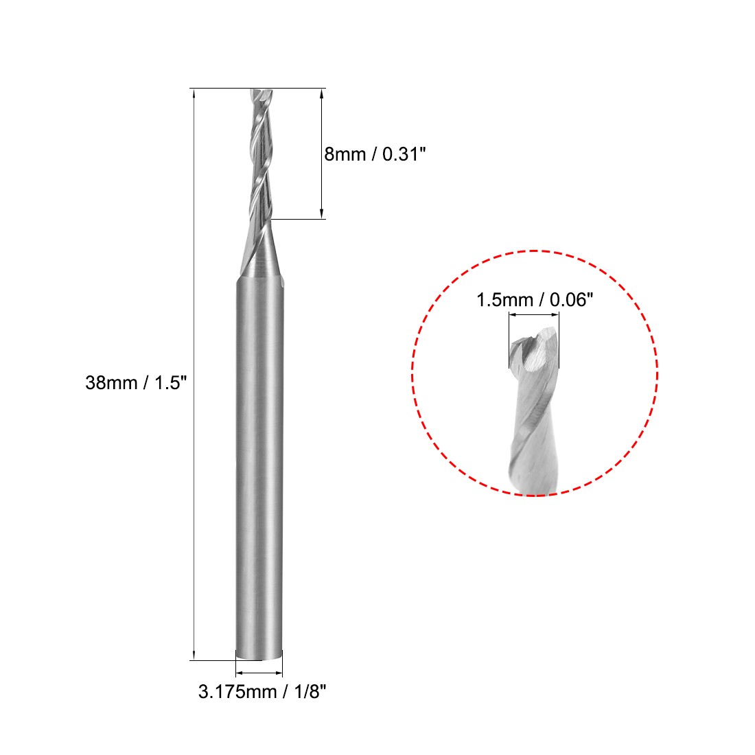 5PCS 1/8" Shank 1.5mm x 8mm Carbide Flat Nose End Mill Cutter CNC Router Bit