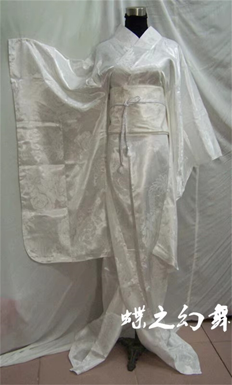 Japanese Kimono Furisode Dress Show Traditional Women White Jacquard Costume