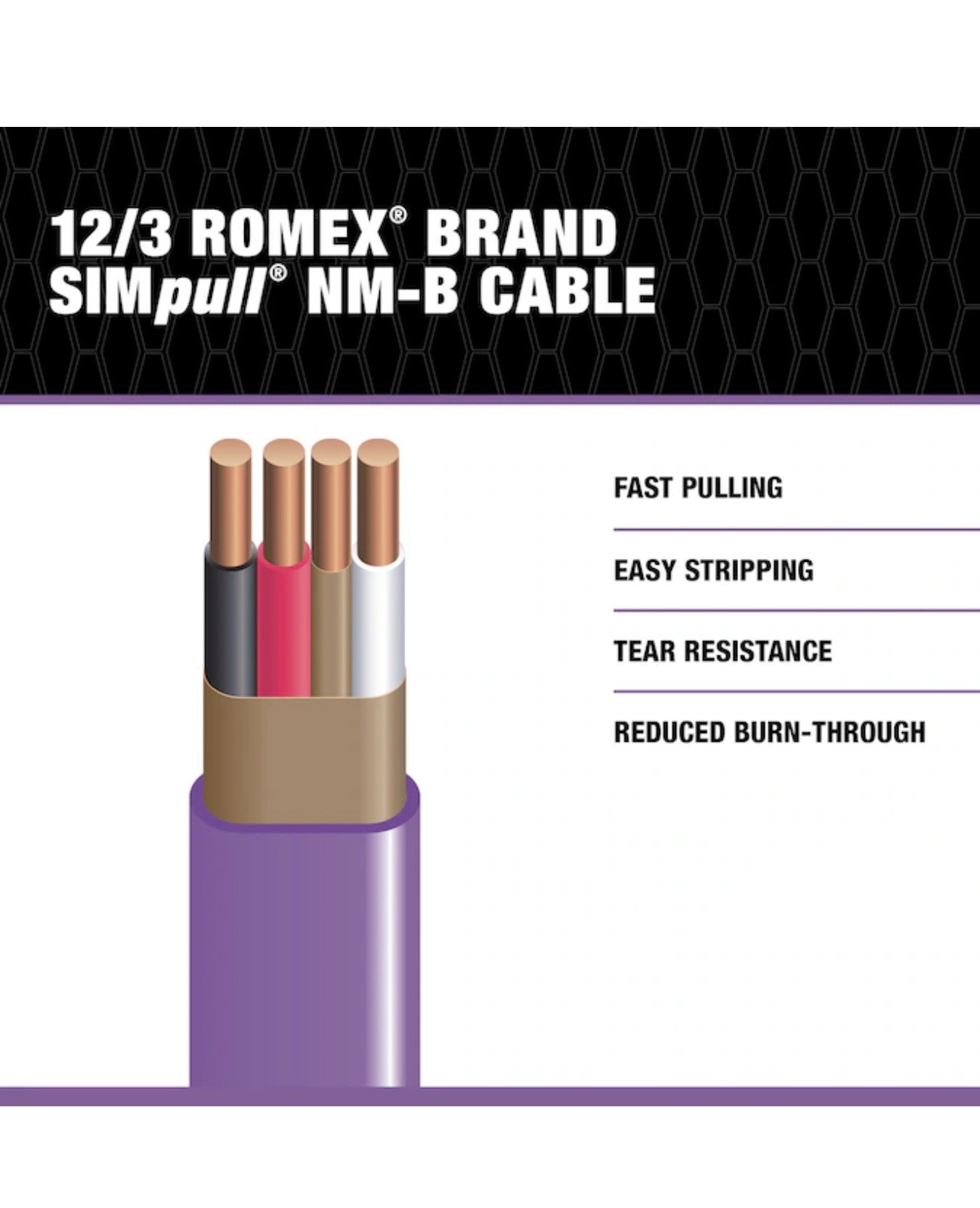 50 ft. 12/3 Romex SIMpull Solid Indoor CU NM-B W/G Wire Purple Coil.