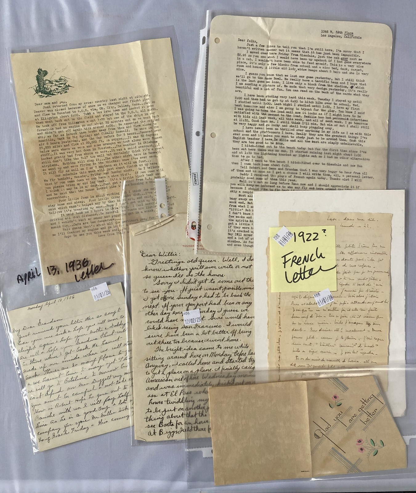 6 Vintage Letters Handwritten, Script, Typed, English, French, Card 1920s-40s