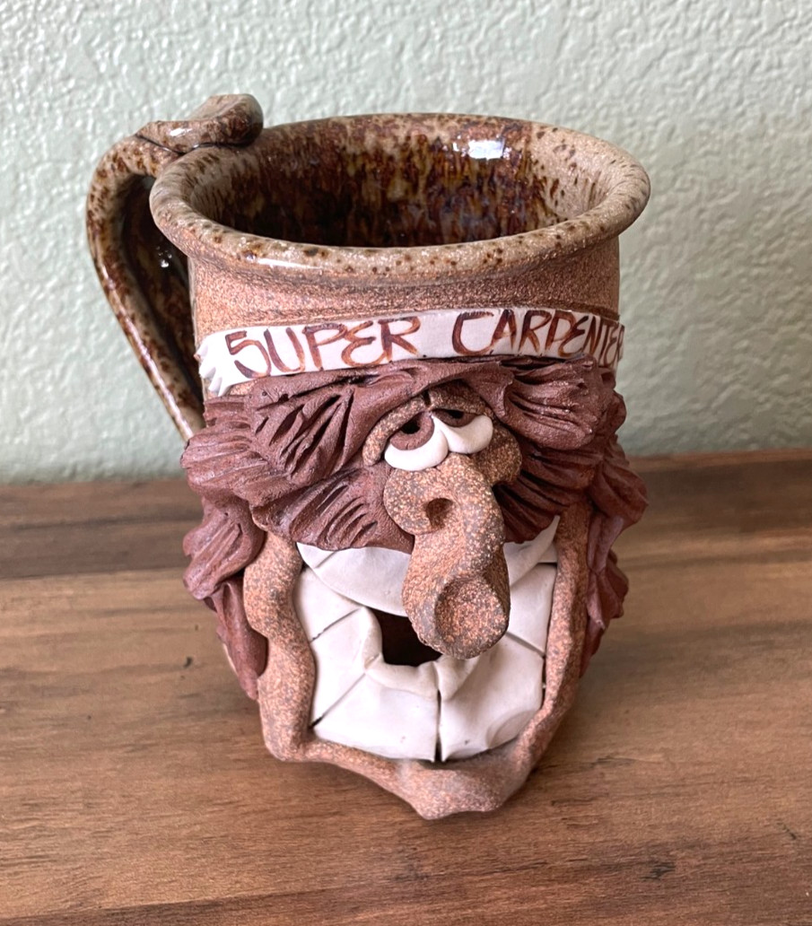 Coffee Tea Mug Cup Super Carpenter Vintage 3D Ugly Face Stoneware