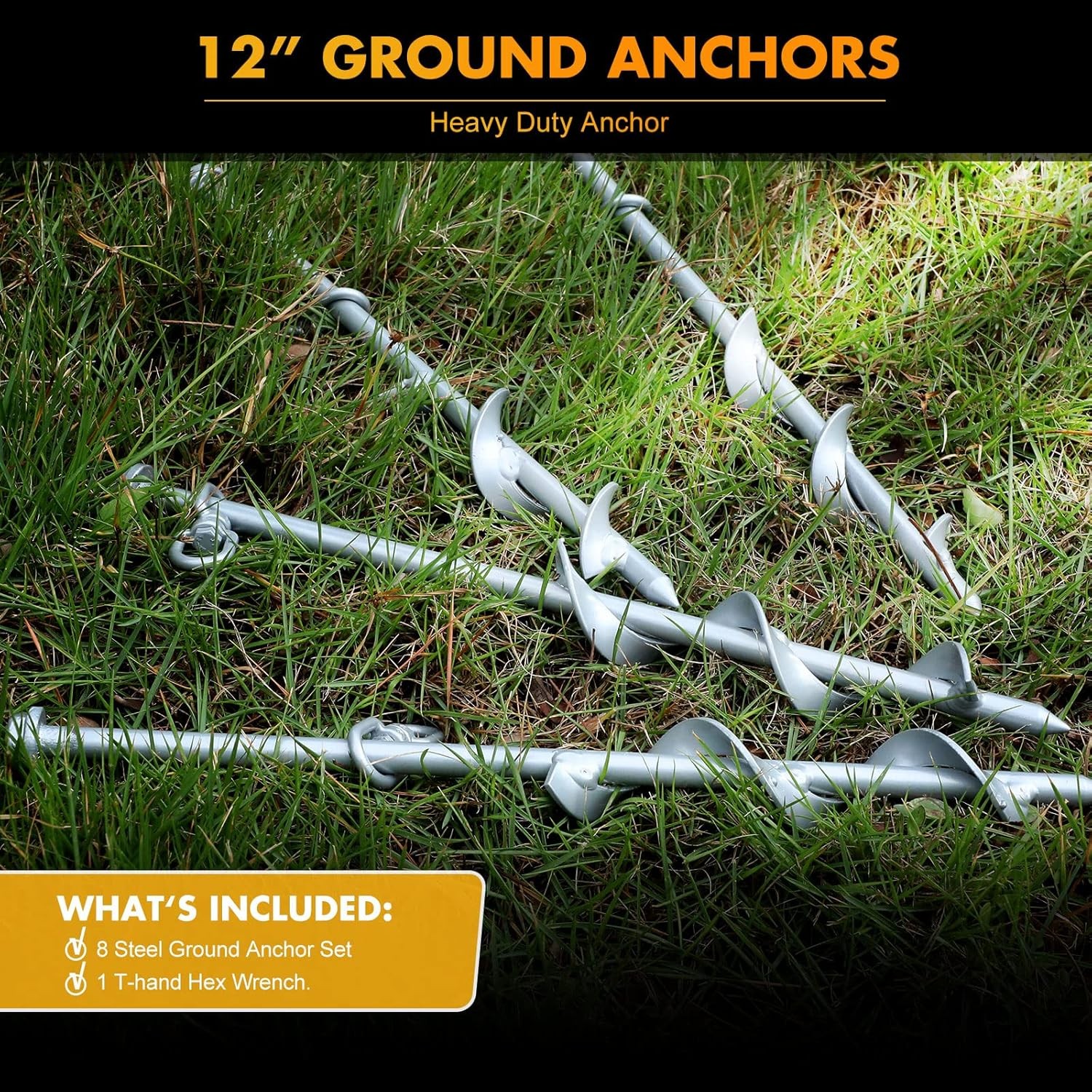 12-Inch Ground Anchors Screw-In Tent Stakes, 8-Piece Set
