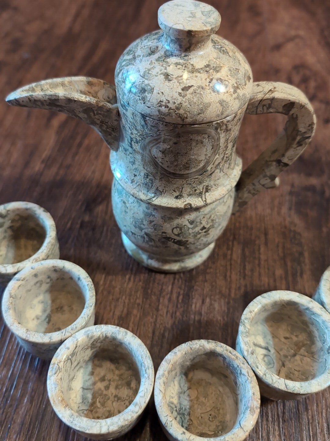 Vtg Marble Stone Tea Set: Pot + Six Cups Gray Brown Marble Patchwork