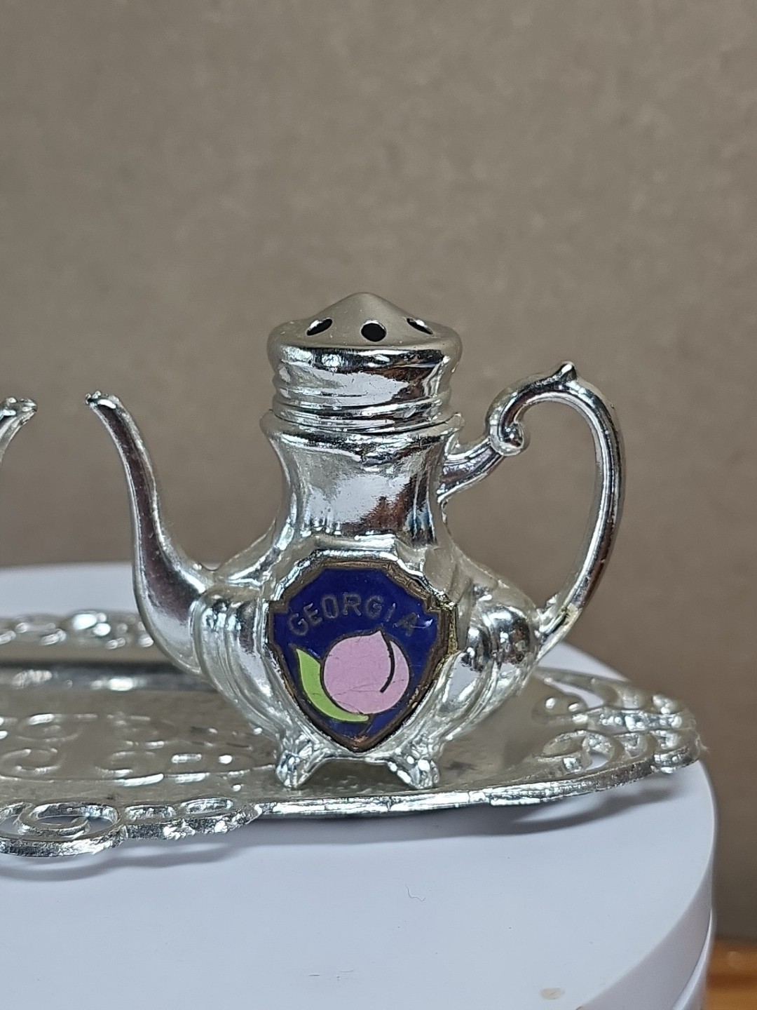 Vintage 1960s-70s Salt & Pepper Shakers Tea Set w/ Serving Tray Georgia