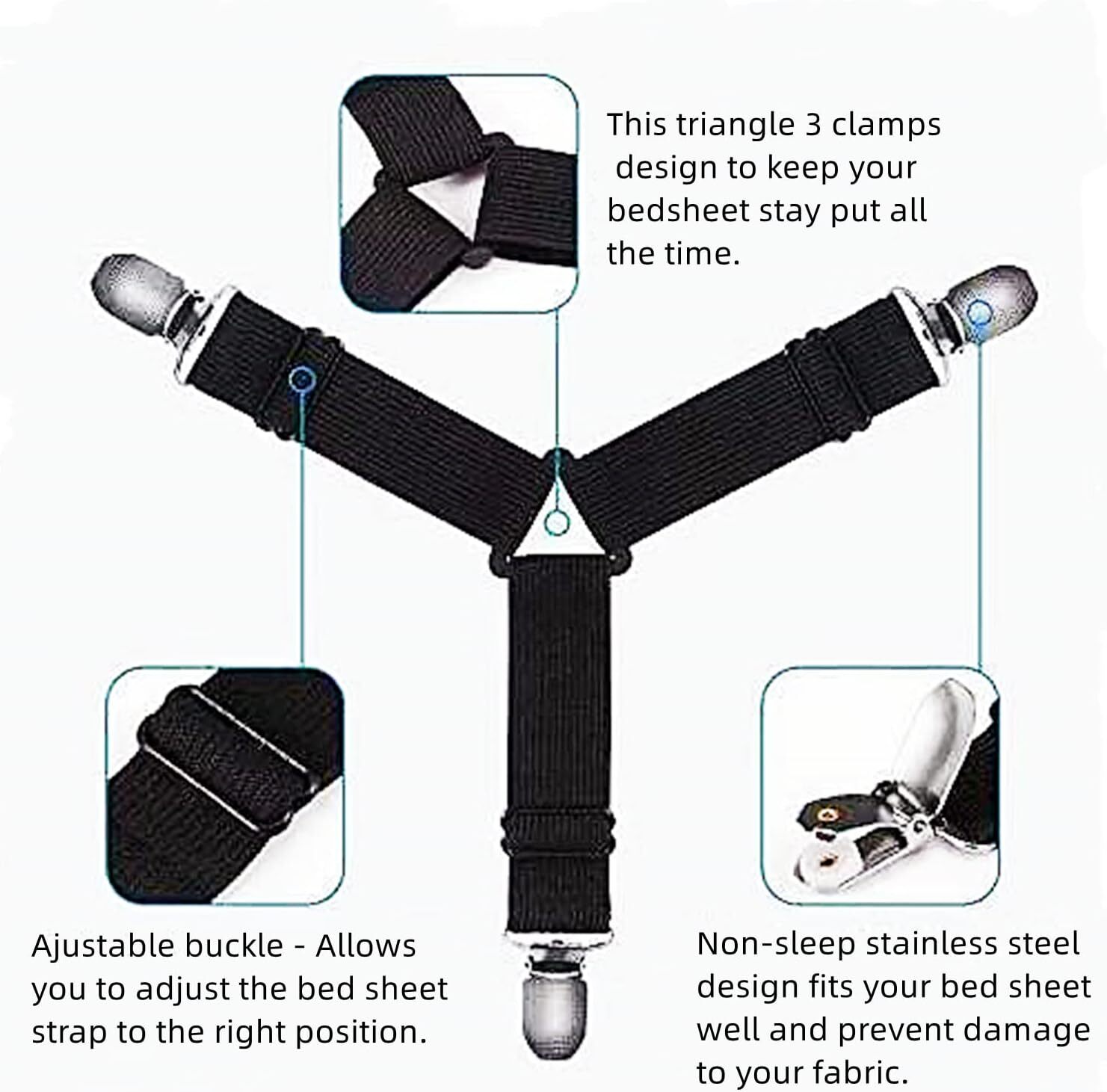 4Bed Sheet Fasteners Adjustable Elastic Suspenders Straps Mattress Covers Clips