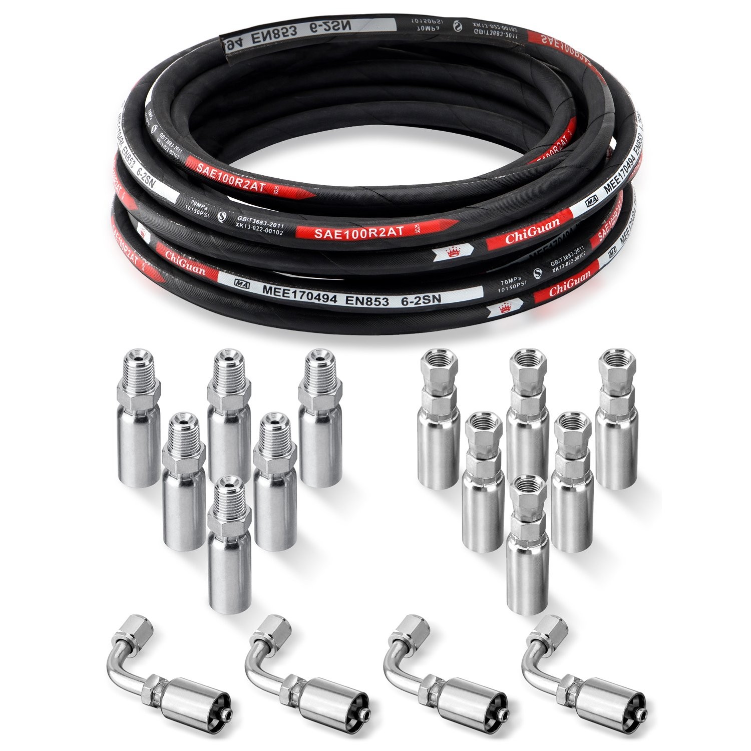 33FT 1/4" Hydraulic Hose w/ 16 Fittings (JIC Female & NPTF Male & JIC Female 90°